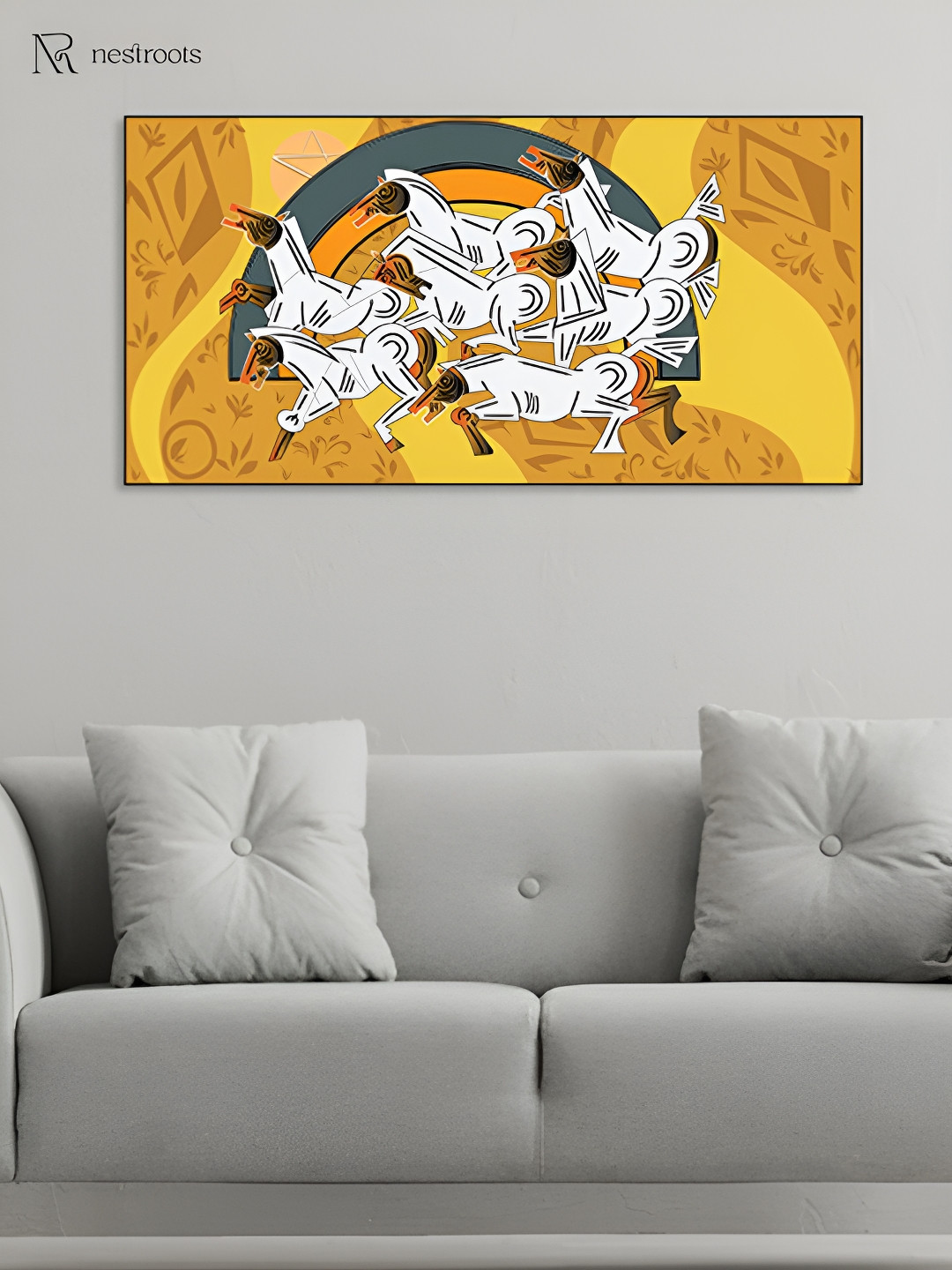 nestroots Seven Horses of Fortune Canvas Wall Rectangle Paintings Wall Art -12 x 24 In