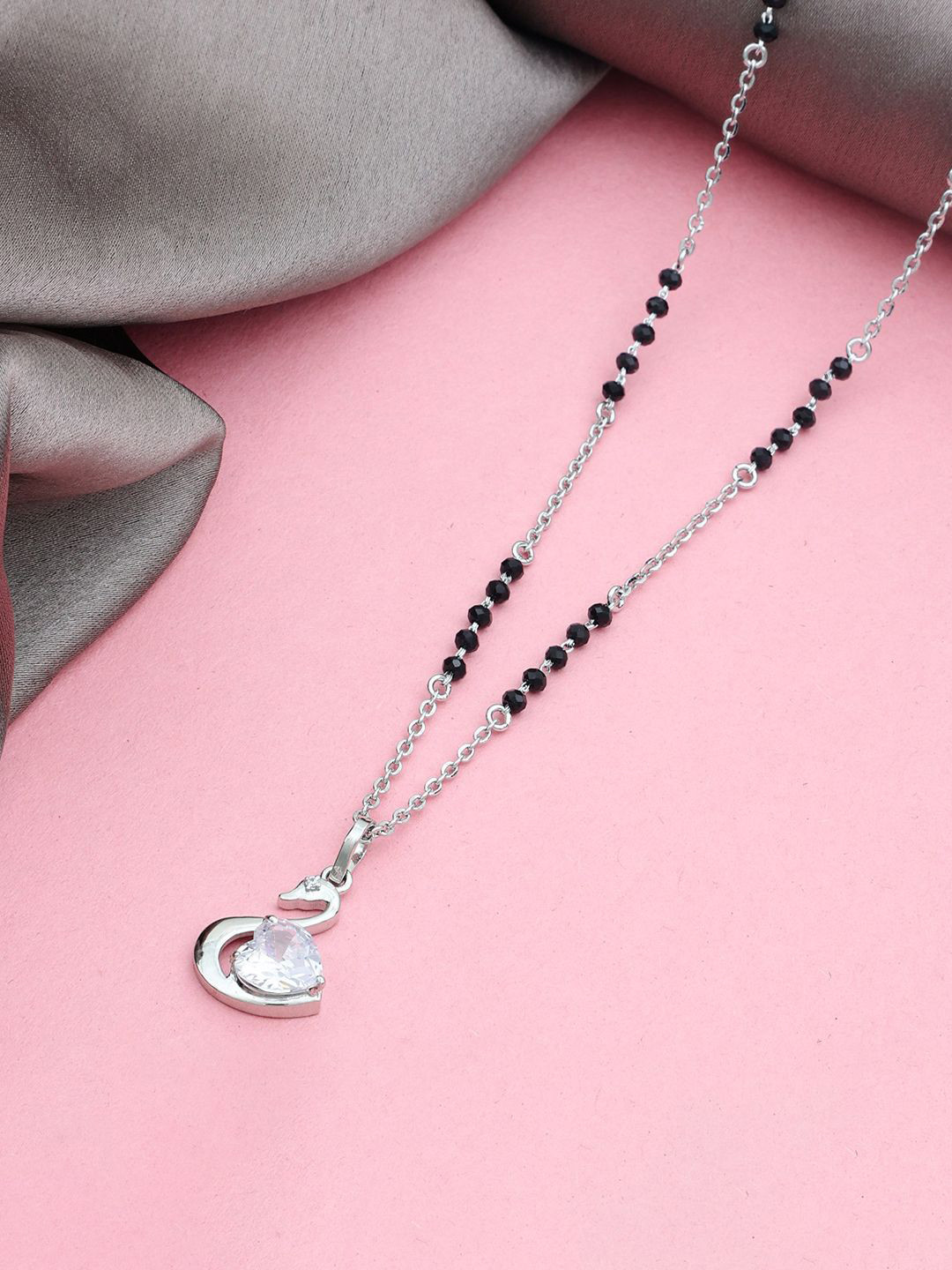 MAIRA 925 Sterling Silver Rhodium Plated Swan Design Crystals & Beaded Mangalsutra