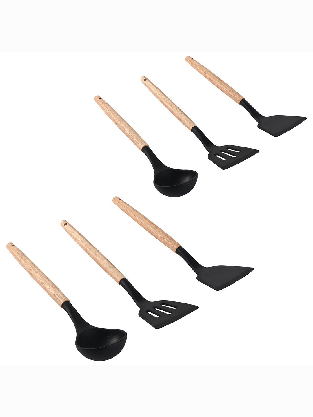 Kuber Industries Black & Beige 6 Pieces Silicone Nonstick Spatula Set With Wooden Handle