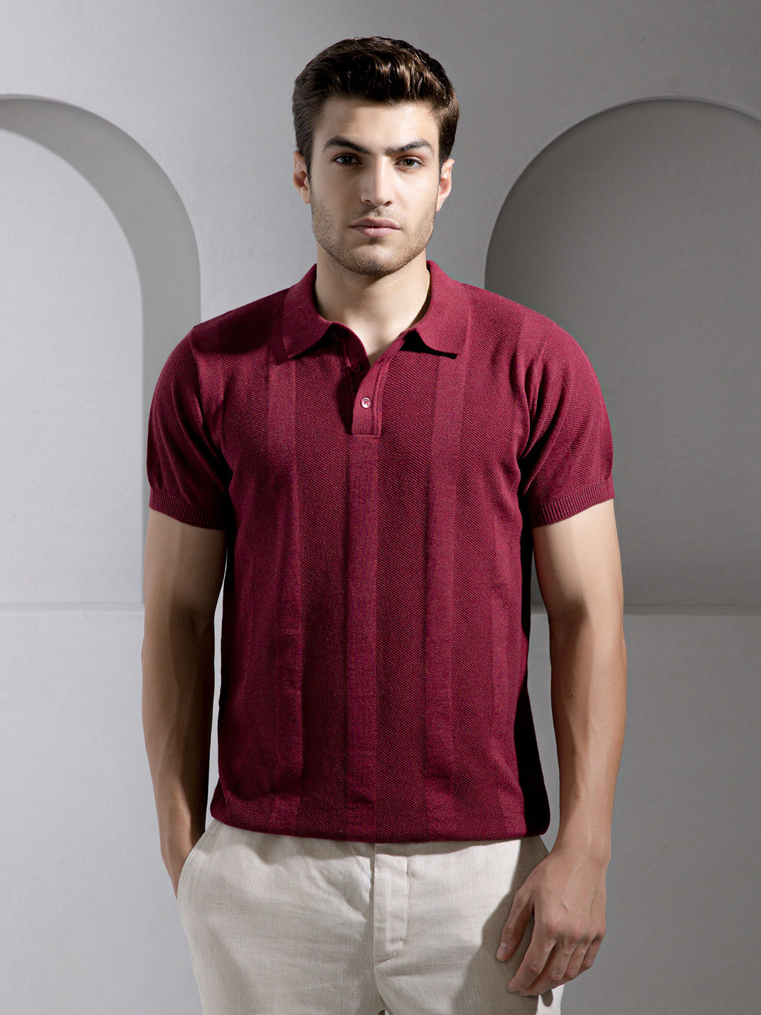 The Tie Hub Men Self Design Cotton Casual Polo T-shirt