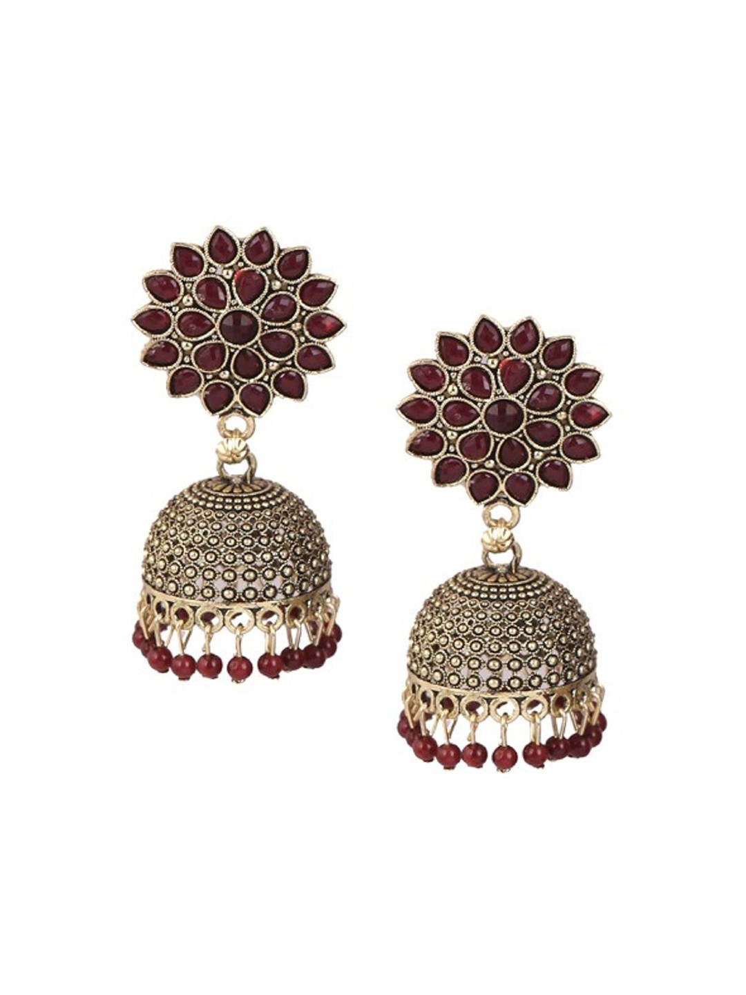 JMBW INTERNATIONAL Gold-Plated Stone Studded & Beaded Sunflower Jhumkas