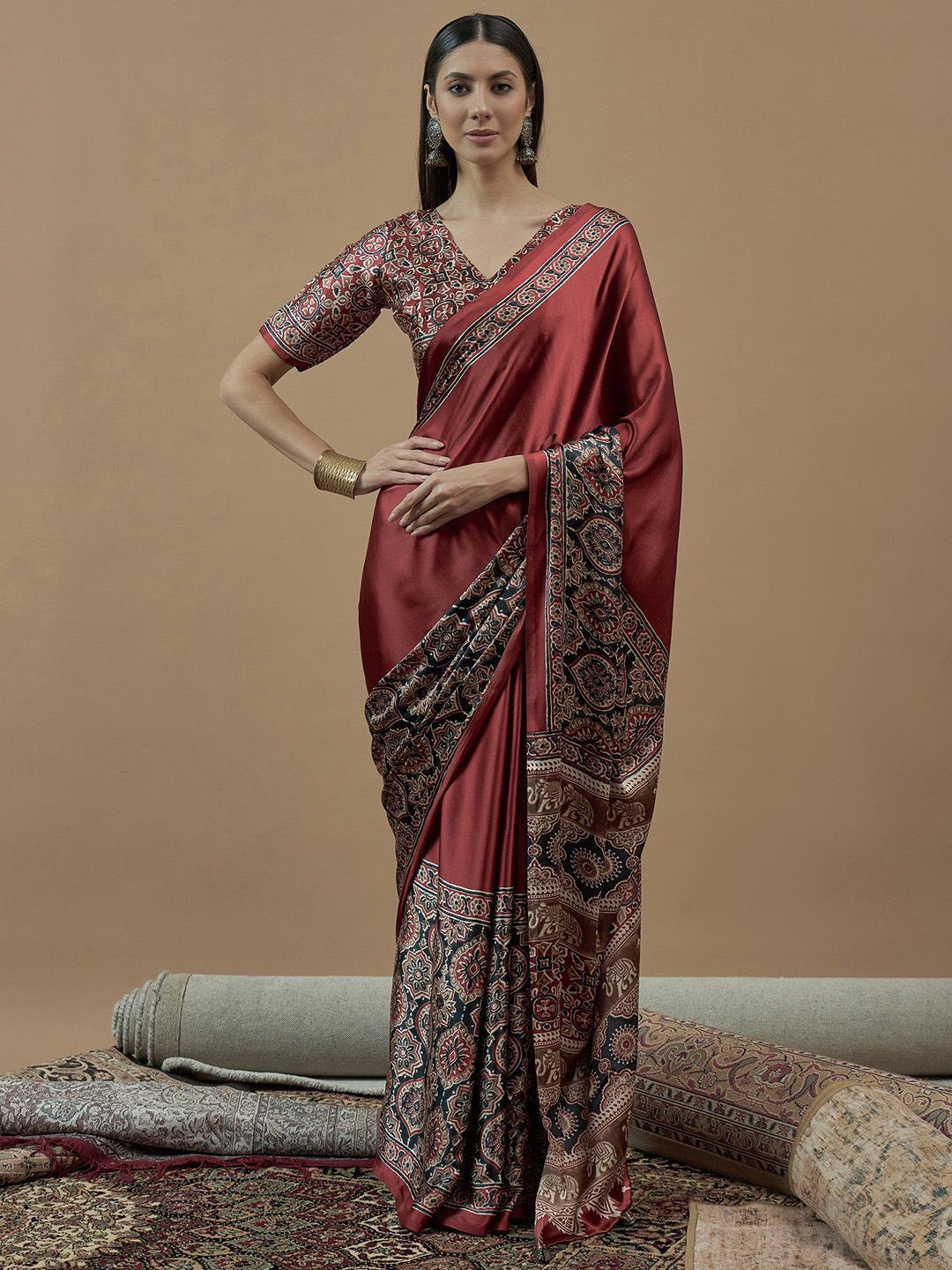 Anouk Ajrak Block Poly Crepe Block Print Saree