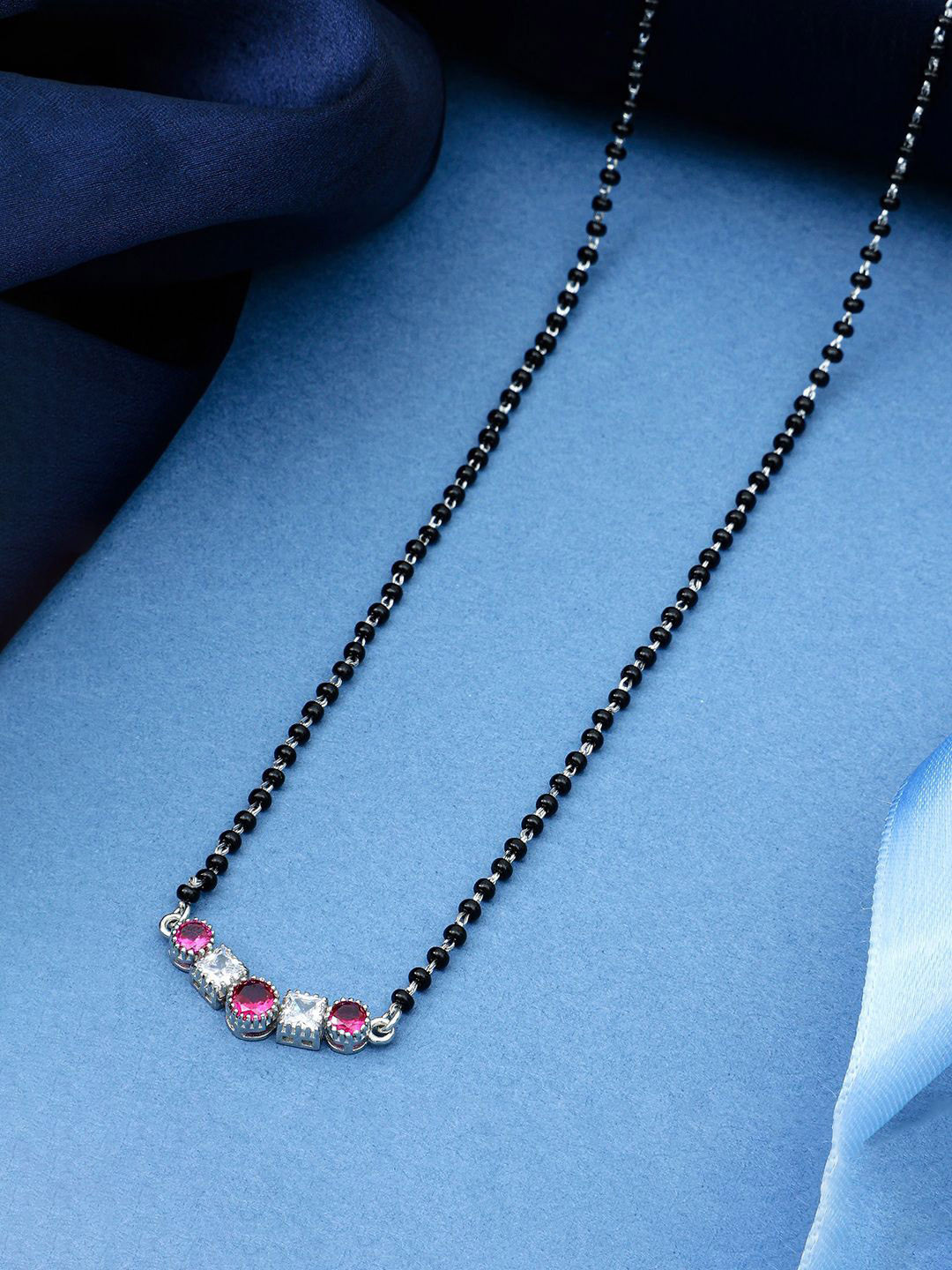 MAIRA 925 Sterling Silver-Plated Swiss Zirconia Studded & Beaded Mangalsutra