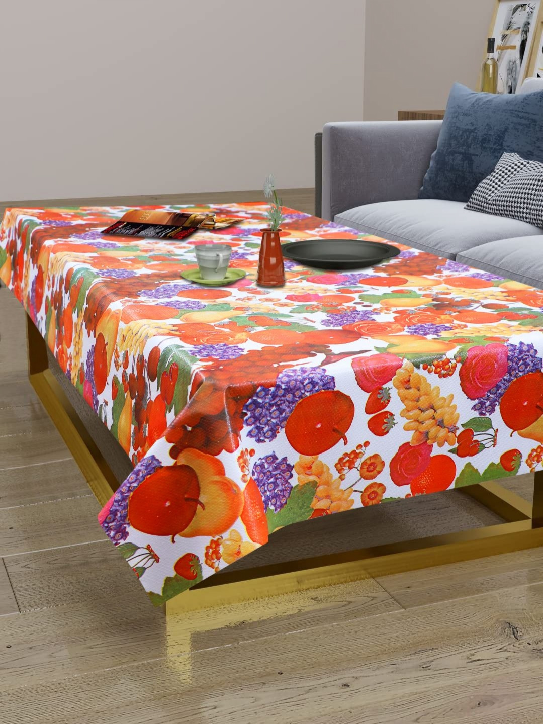LooMantha White & Red Fruits Printed Waterproof 2-Seater Table Cover
