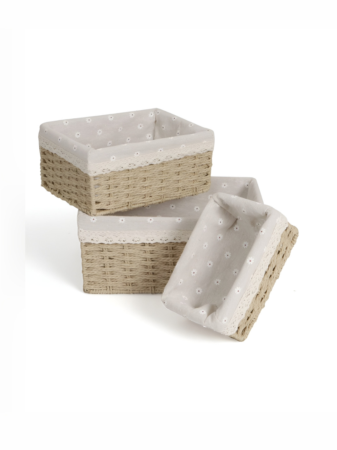 HOKIPO Beige & White 3 Pieces Paper Rope Regular Multi-Utility Organisers