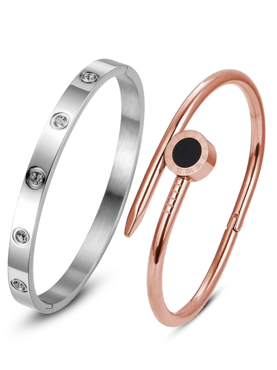MEENAZ Set of 2 Silver and Rose Gold-Plated Anti Tarnish CZ-Stone Studded Kada Bracelets