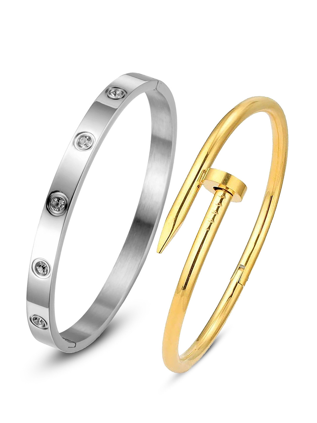MEENAZ Set of 2 Silver and Gold-Plated Anti Tarnish CZ-Studded Kada Bracelets