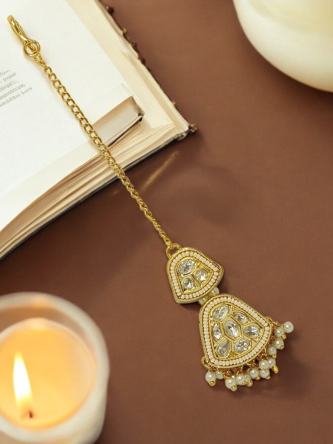 FEMMIBELLA Gold-Plated Crystals Studded Maang Tikka Head Jewellery