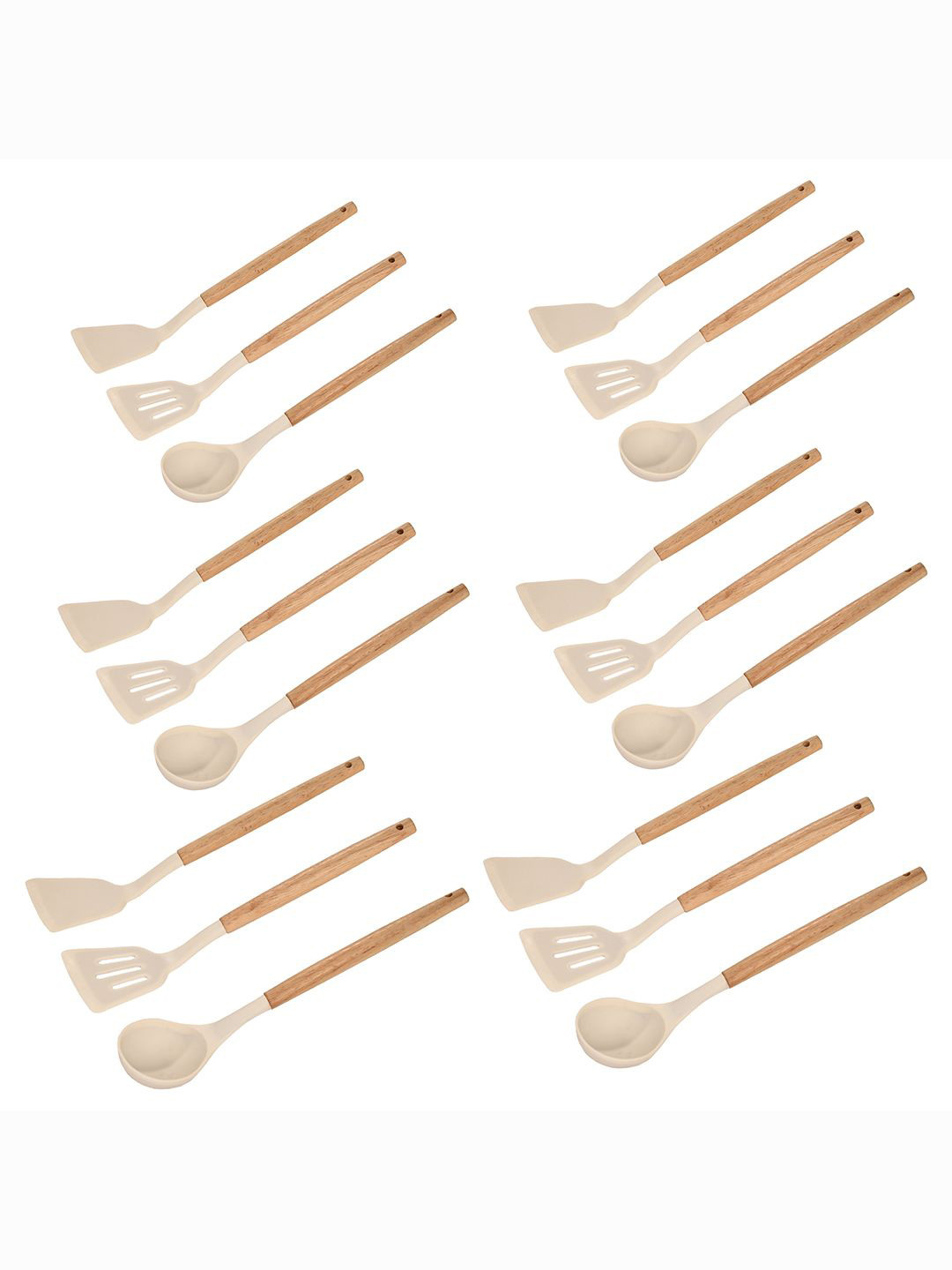 Kuber Industries White & Beige 18 Pieces Silicone Nonstick Spatula Set With Wooden Handle