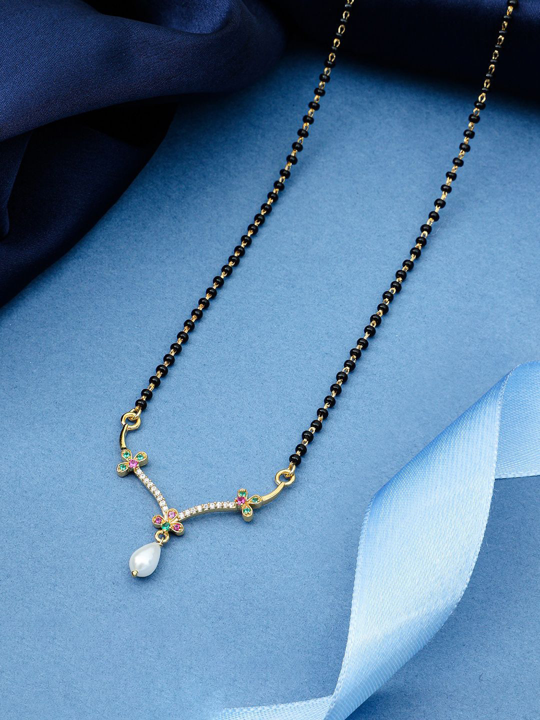 MAIRA 925 Sterling Silver 18K Gold-Plated Crystals Studded & Pearl Beaded Mangalsutra