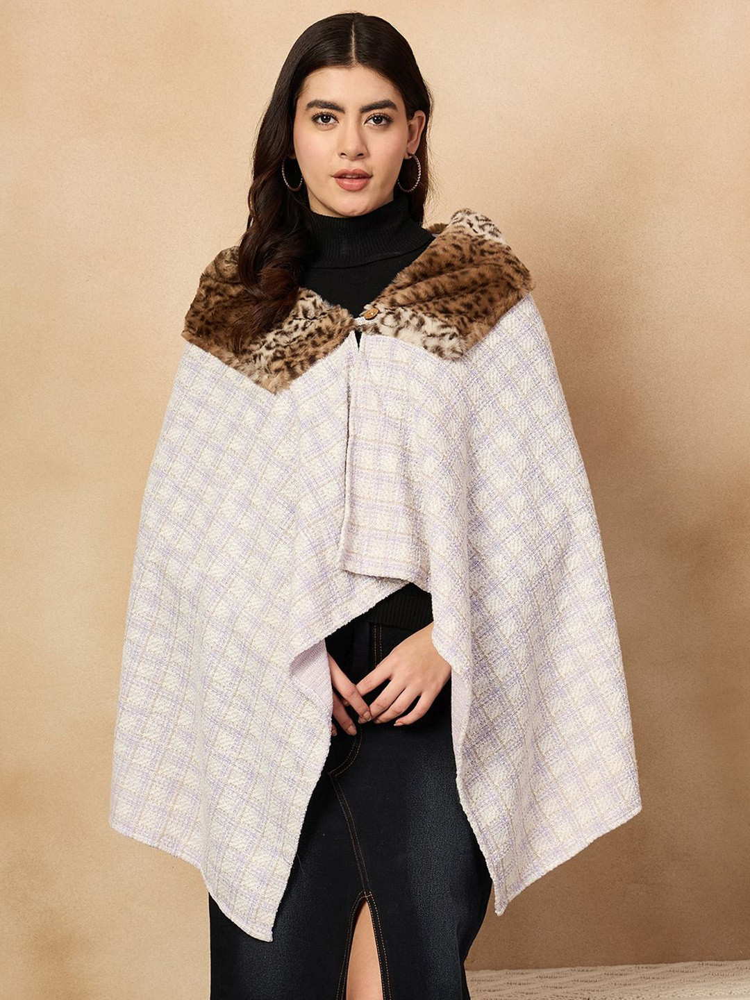 InWeave Women Checked Furry Acrylic Longline Poncho