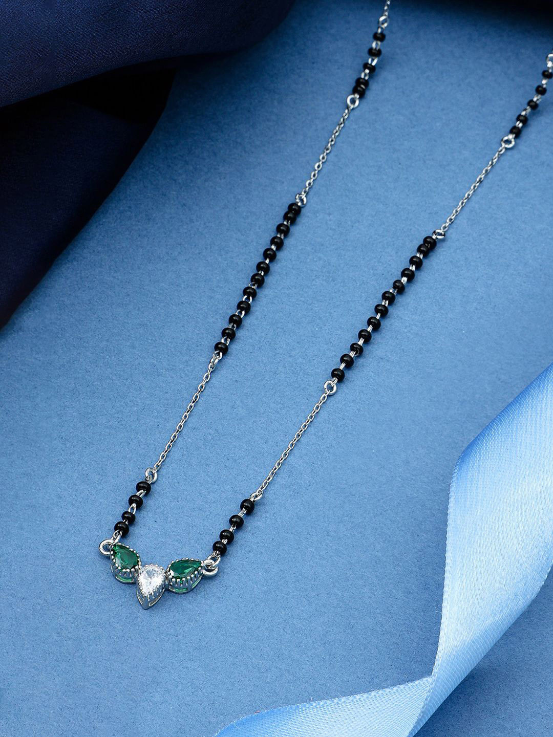 MAIRA 925 Sterling Silver-Plated Swiss Zirconia Studded & Beaded Mangalsutra