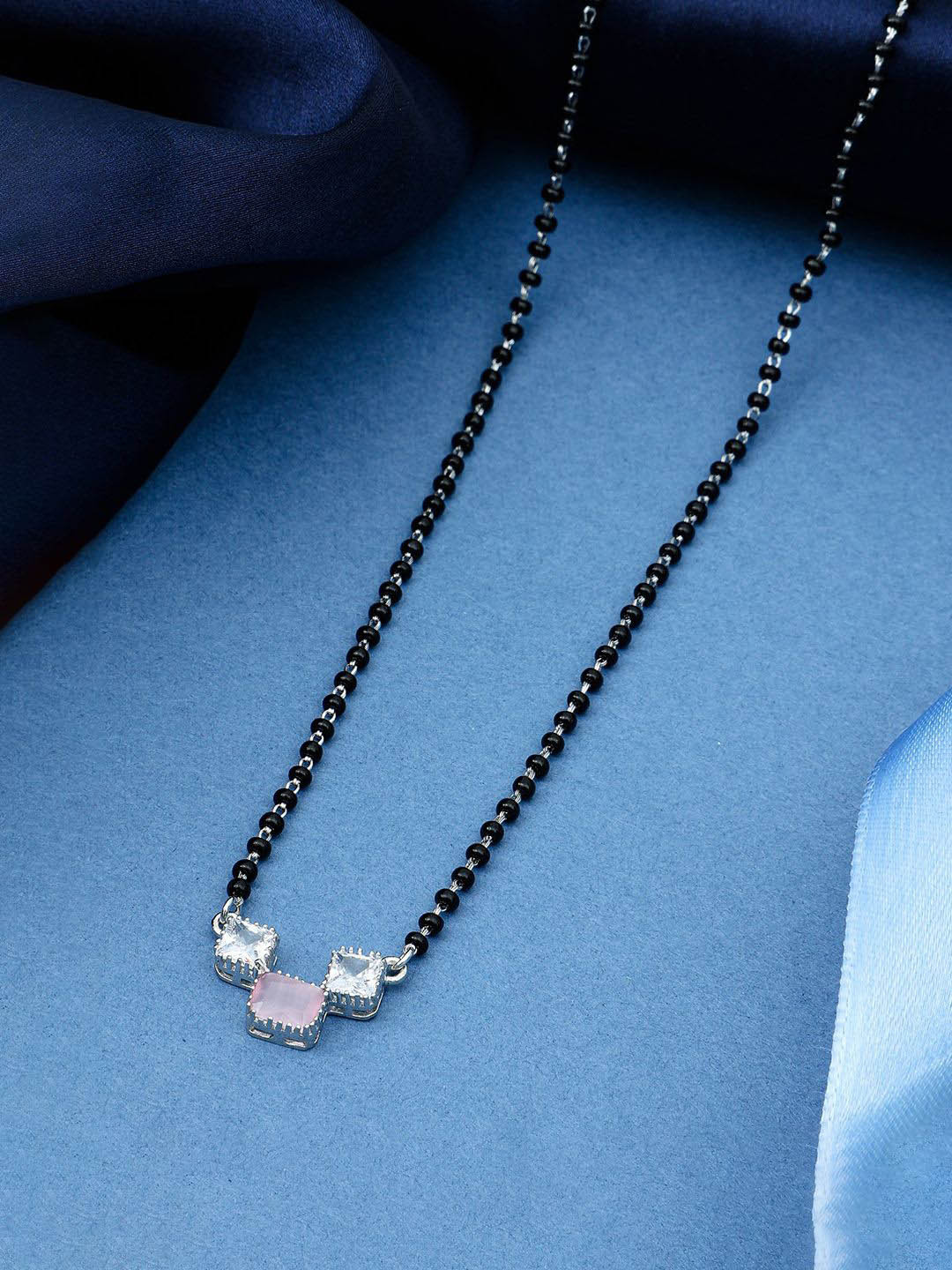 MAIRA Silver-Plated 925 Sterling Silver Swiss Zirconia Crystals & Beaded Mangalsutra
