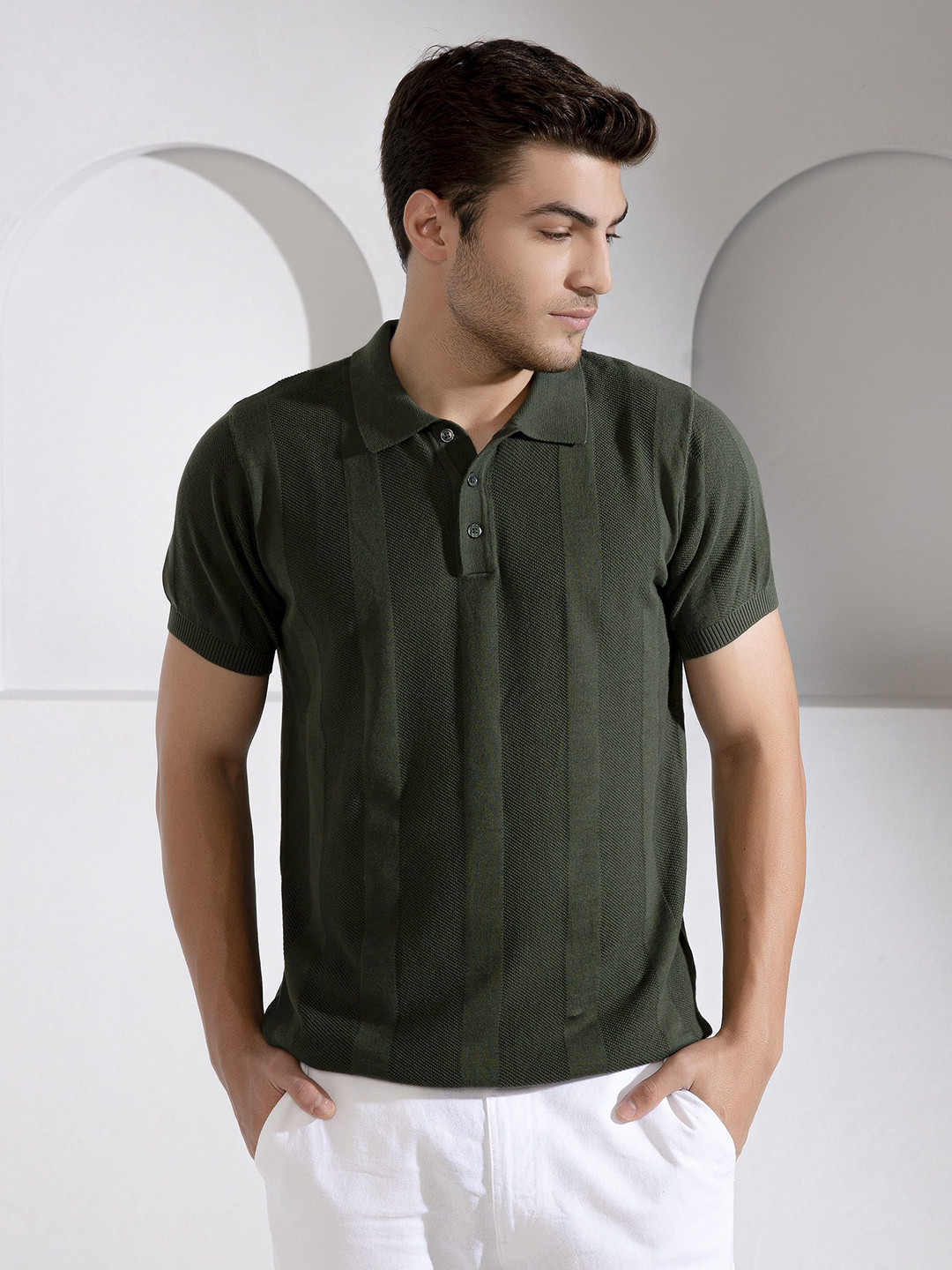 The Tie Hub Men Self Design Polo T-shirt