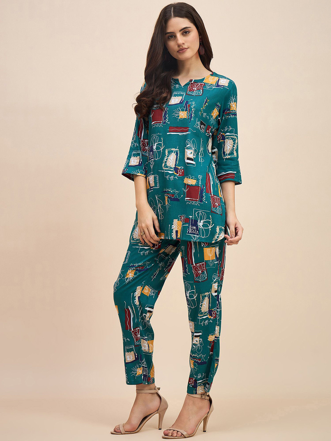 TRUVON FASHIONS Turquoise Printed Tunic & Trousers Co-Ord