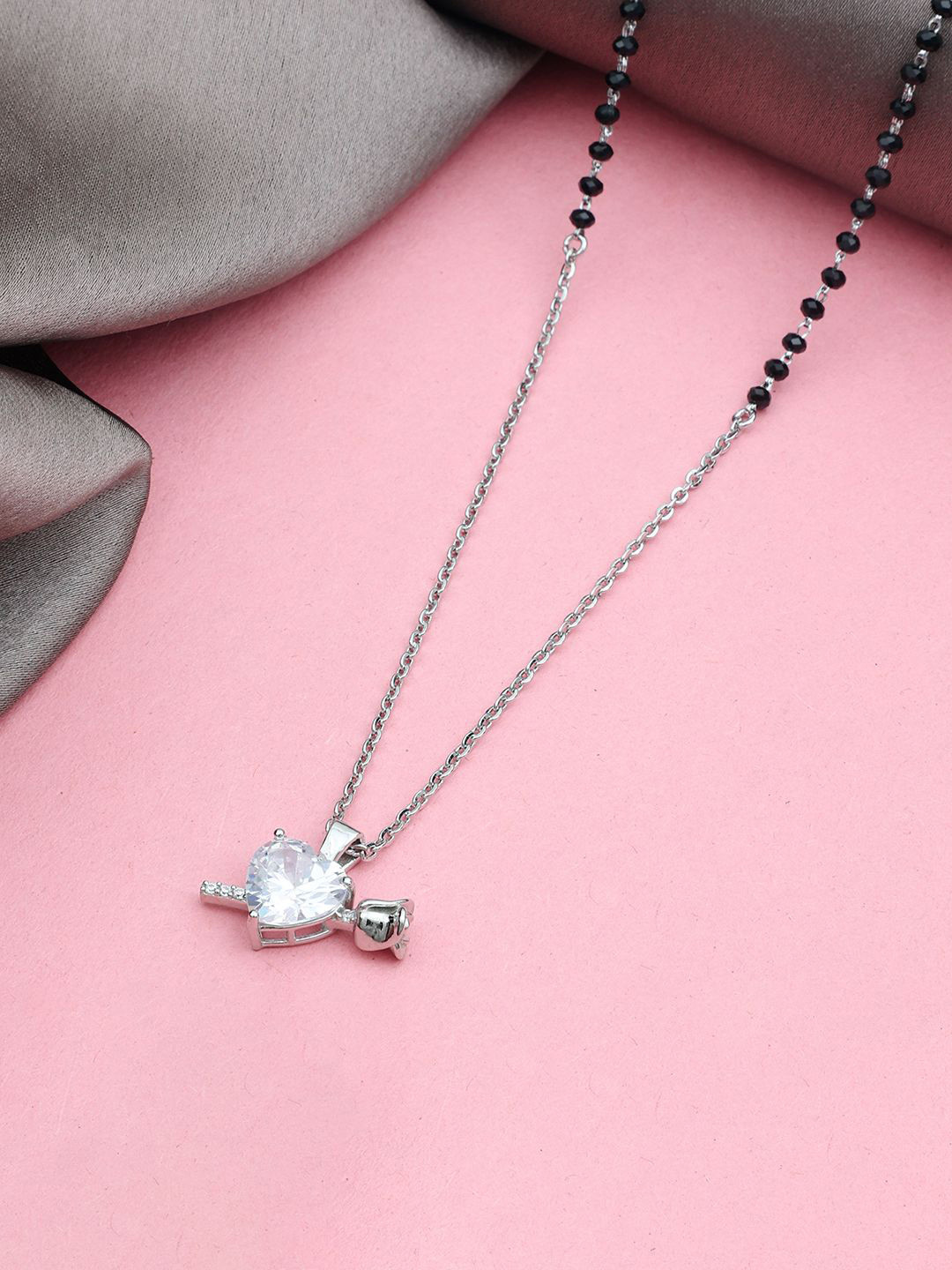 MAIRA 925 Sterling Silver Rhodium Plated Heart Shape Crystals & Beaded Mangalsutra