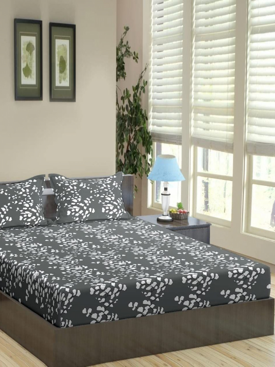 Trance Home Linen Grey Floral Cotton 200 TC Single Fine Bedsheet with a Pillow Cover-152 x 254 cm