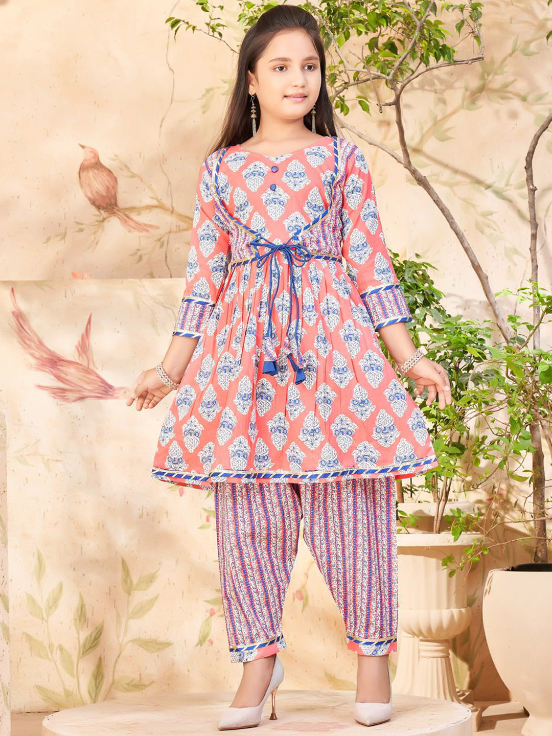 Sangria Girls Peach and White Ethnic Motifs Printed Pure Cotton Kurta With Patiala