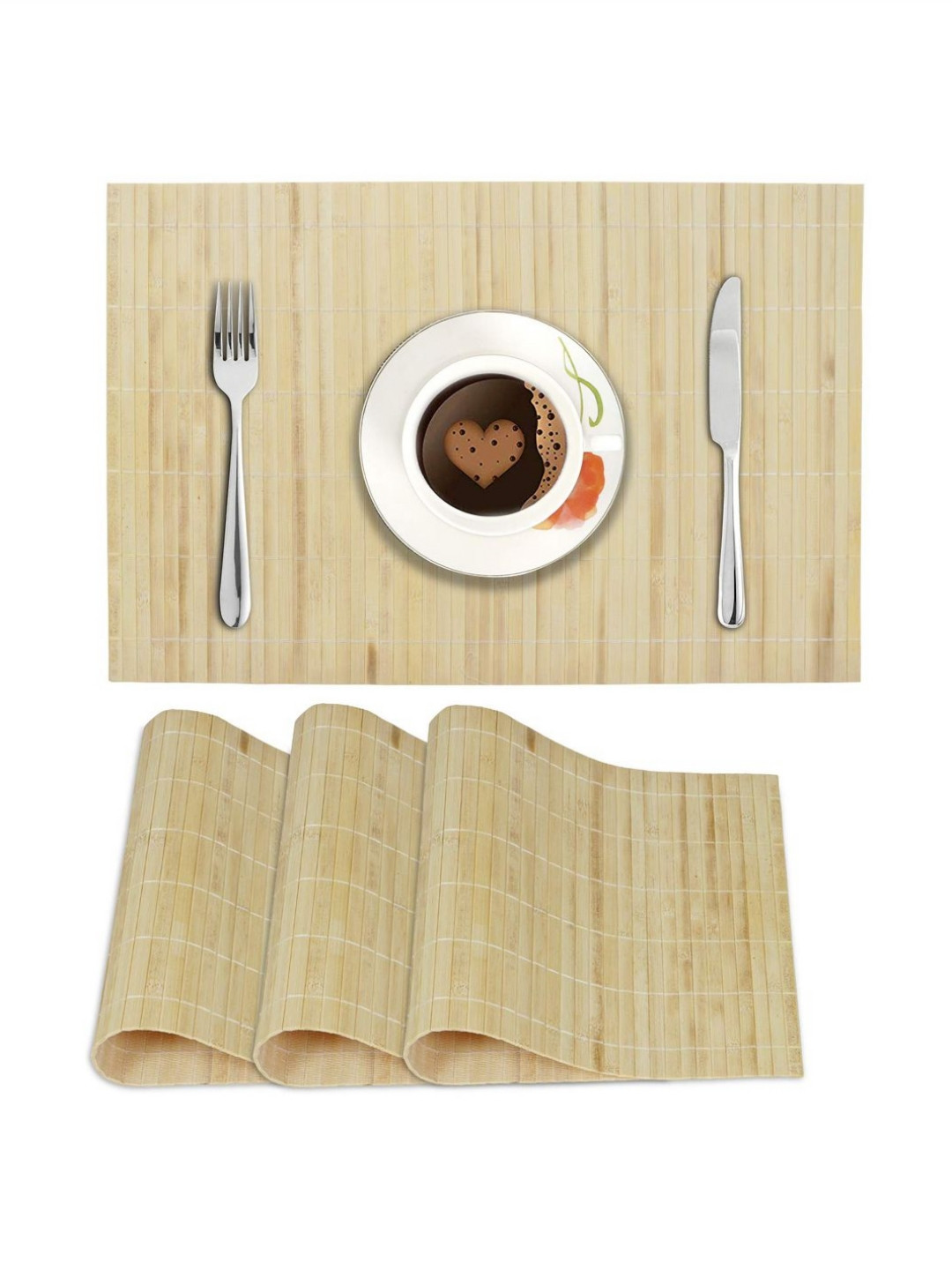 HOKIPO Beige & Brown 4 Pieces Rectangle Reversible Striped Bamboo Dining Table Placemats