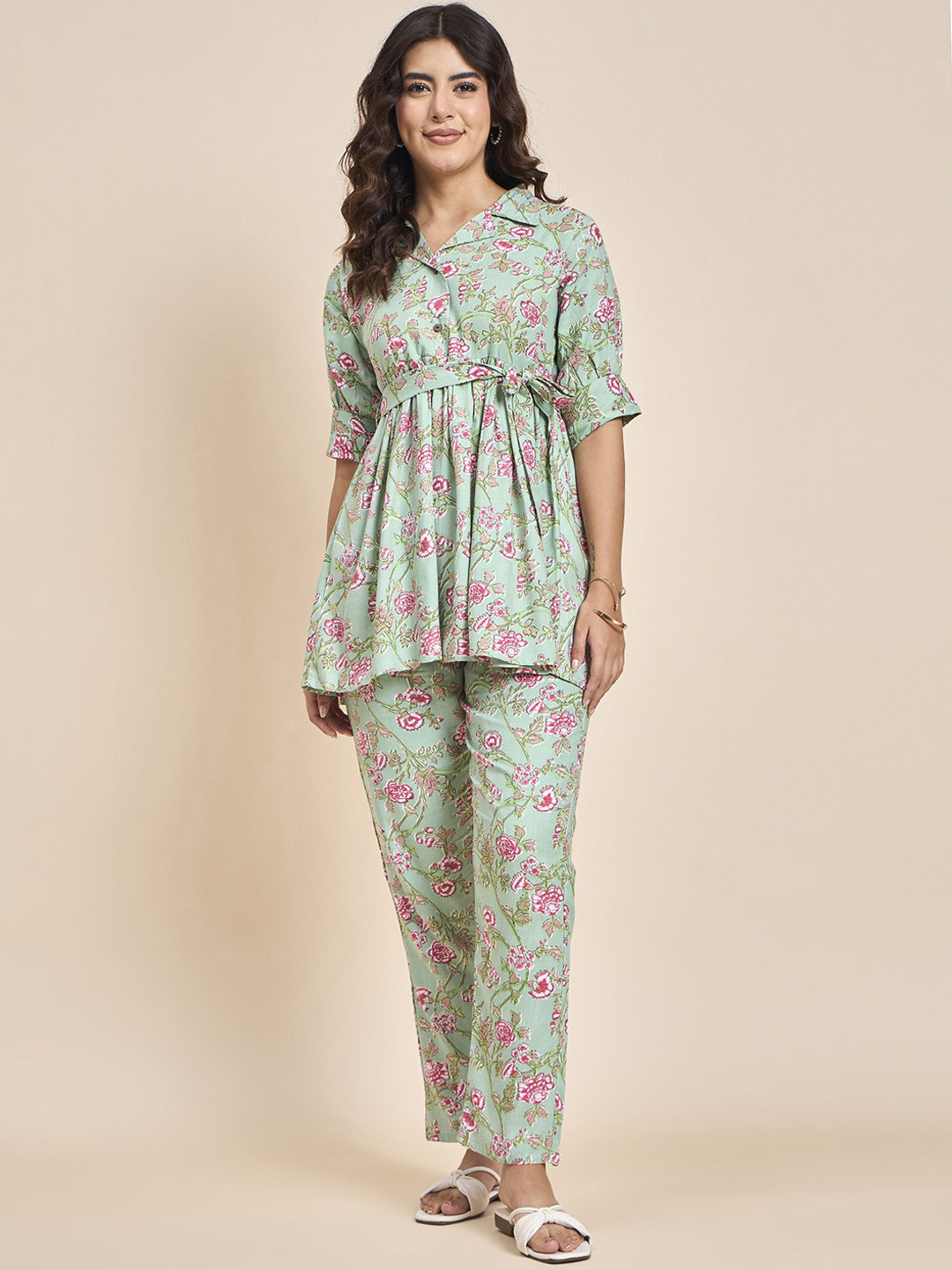 TRUVON FASHIONS Sea Green Printed Tunic & Trousers Co-Ord