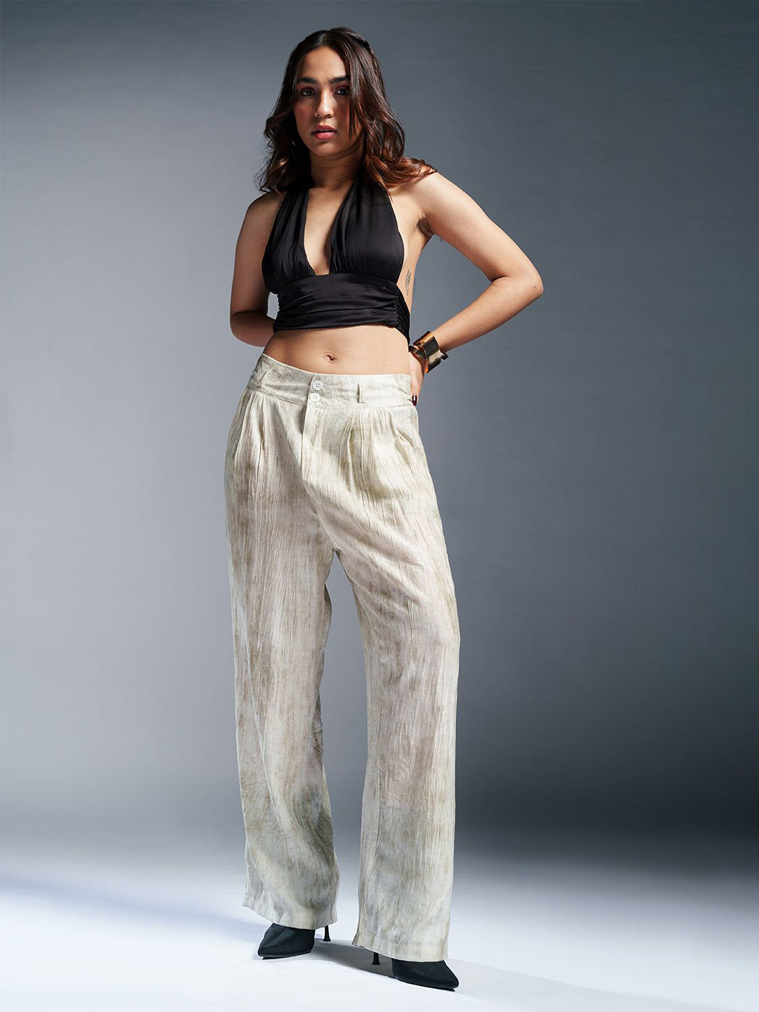 FREAKINS Women Ashwood Grey Sheer Double Button Korean Pants