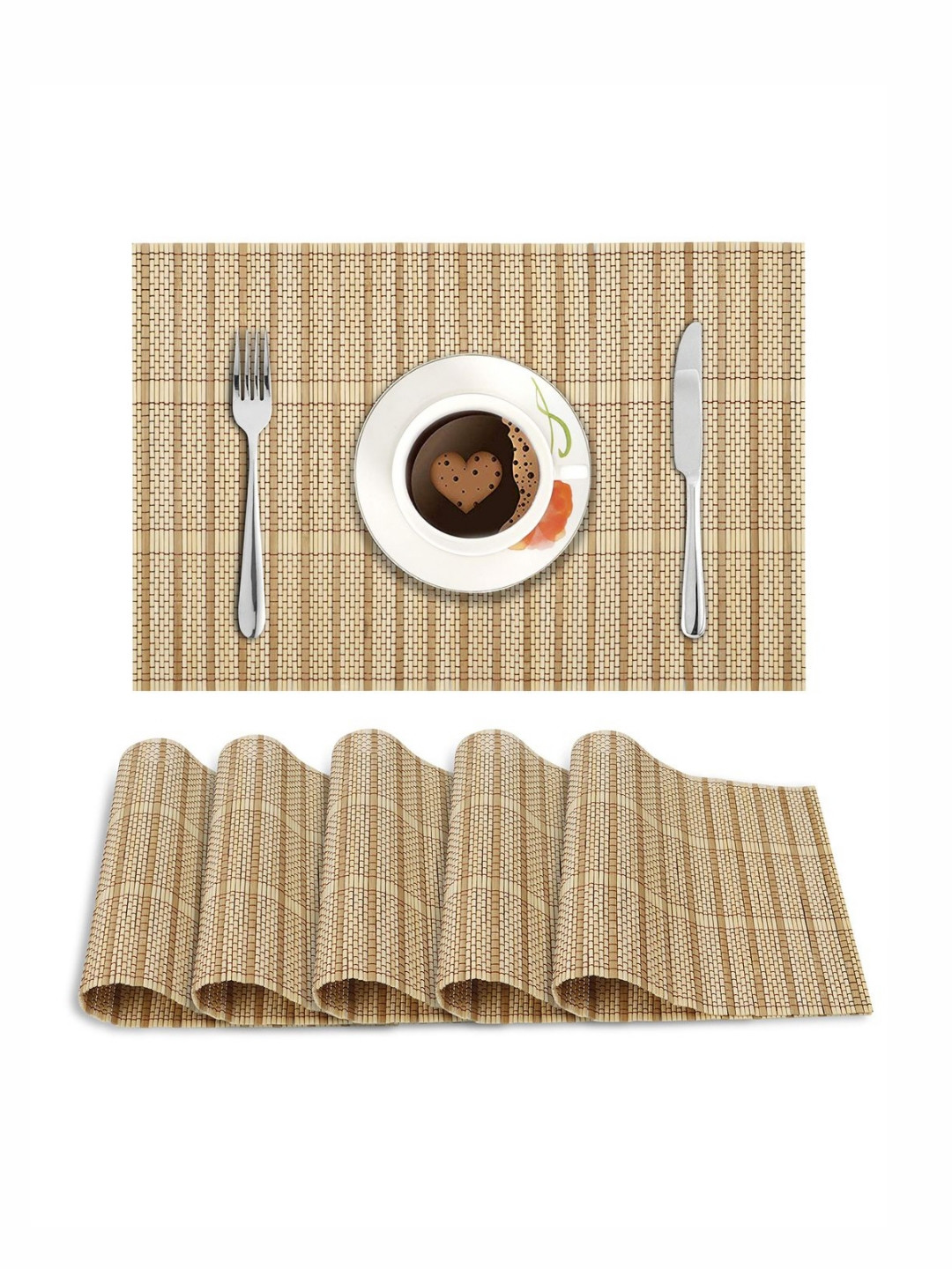 HOKIPO Cream-Coloured & Brown 6 Pieces Rectangle Striped Reversible Bamboo Table Placemats