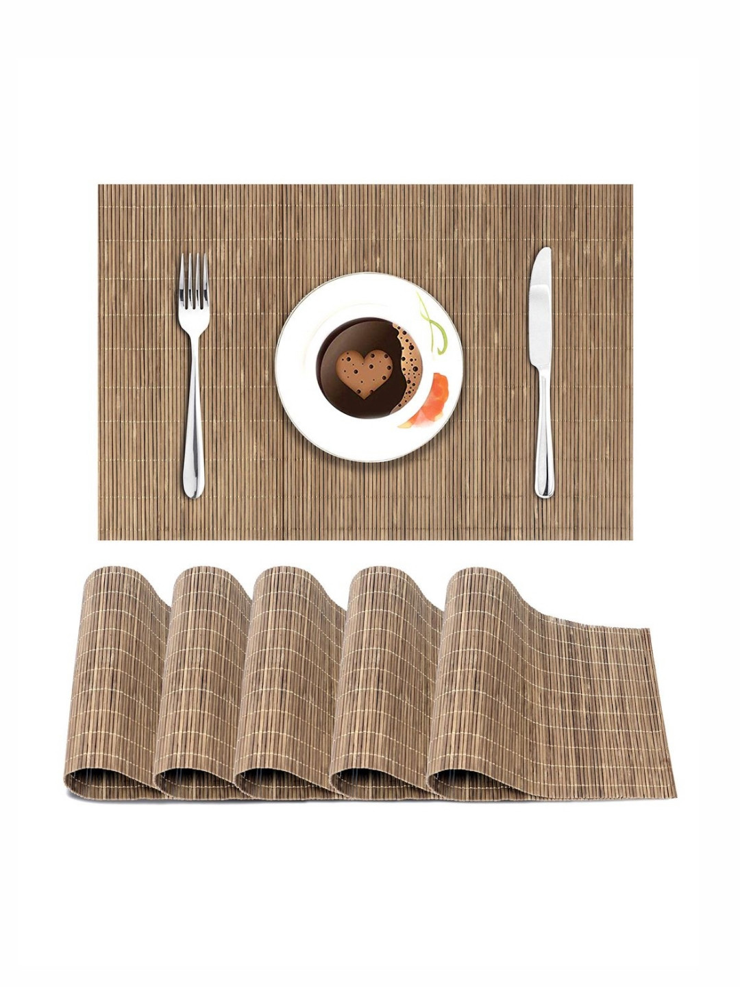 HOKIPO Brown 6 Pieces Striped Rectangle Bamboo Dining Table Placemats