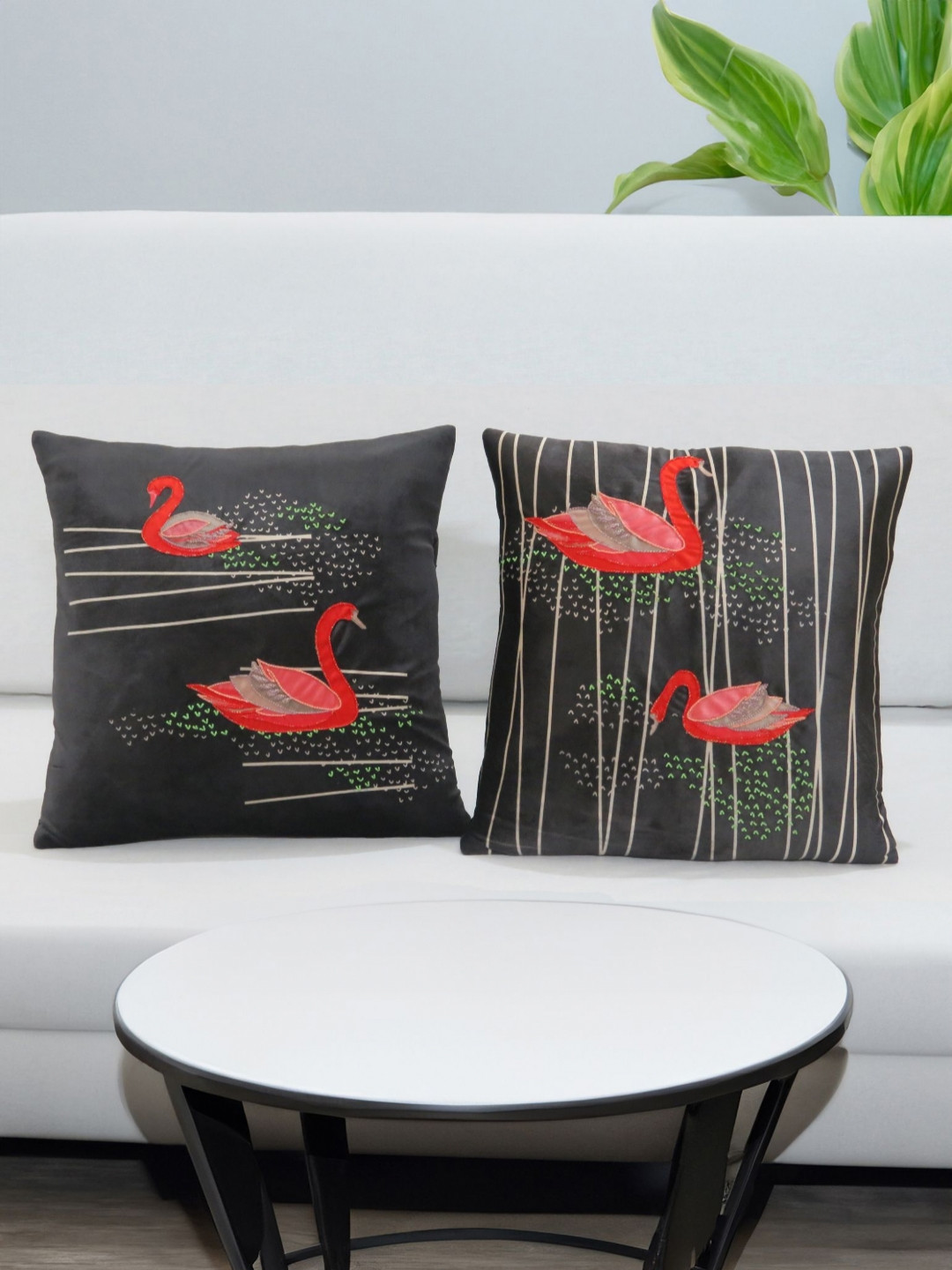Mid July Home Swan Ethnic Motifs Velvet Durable 2 Pcs Embroidered Cushion Covers -16x16In