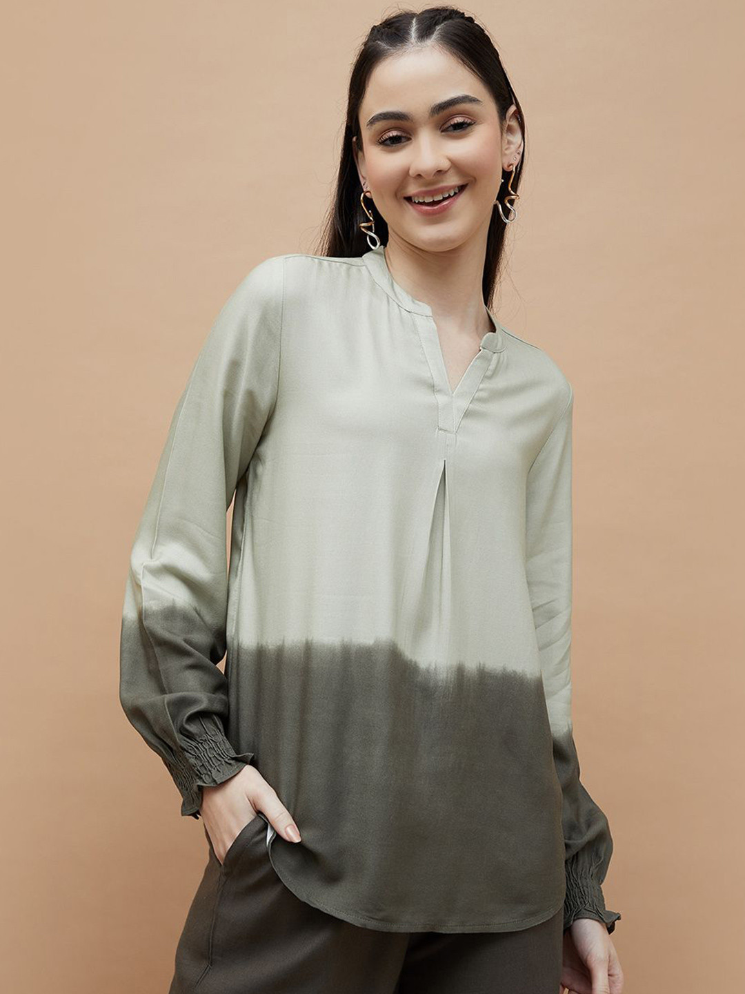 Fame Forever by Lifestyle Women Smoked Cuffed Sleeves Ombre Print Mandarin Collar Top