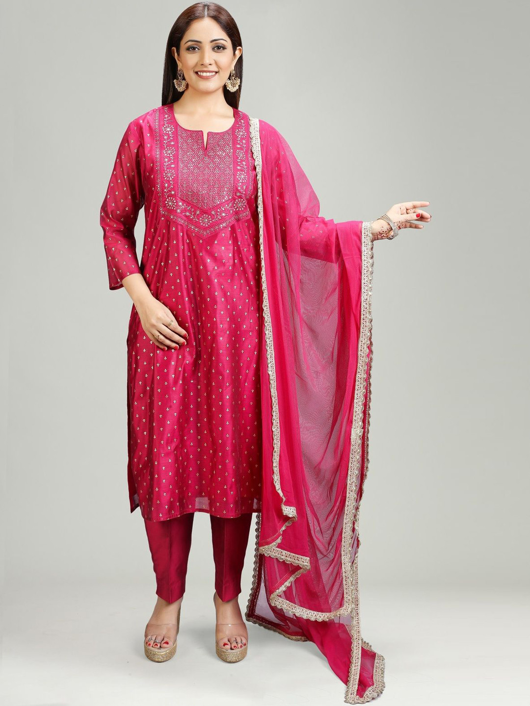 COTTON CULTURE Floral Embroidered Thread Work Chanderi Cotton Straight Kurta Set