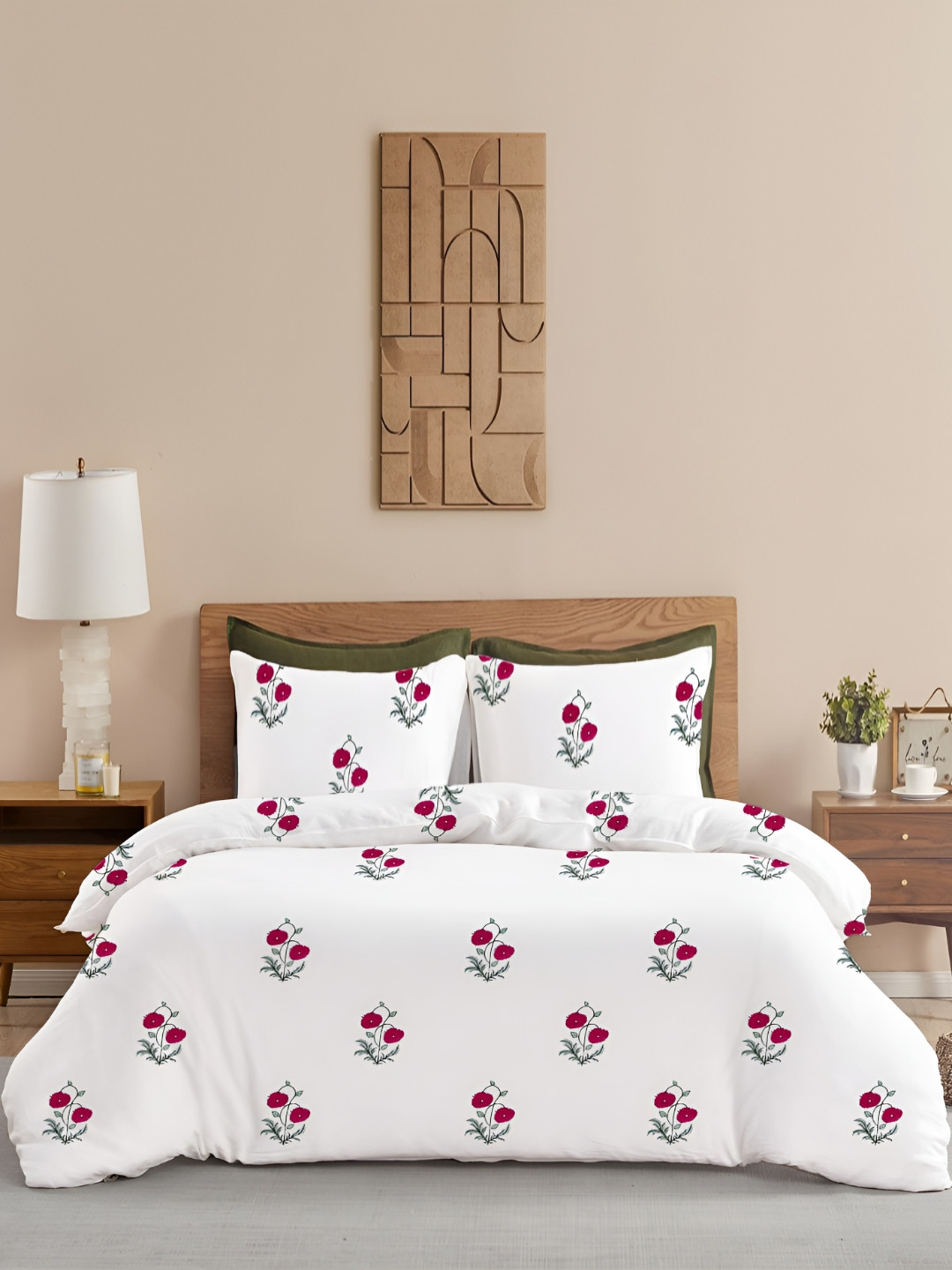 HOMEMONDE Red & Green Printed Cotton Single Duvet Cover
