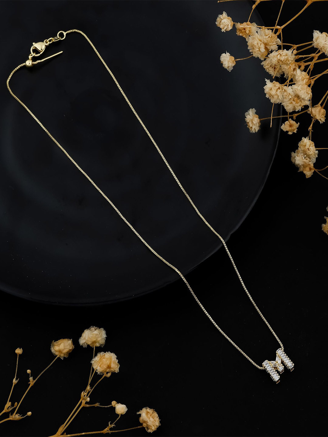 SKY SHOPPERS Unisex Gold-Plated Cubic Zirconia M Alphabet Minimal Pendant Chain