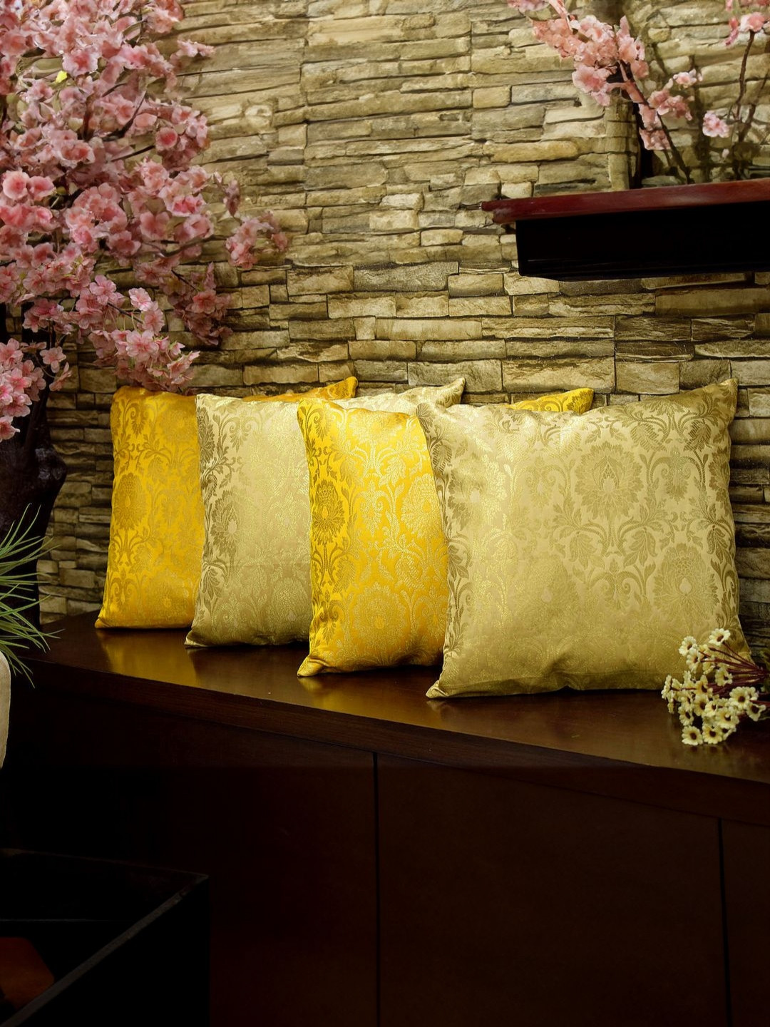 RoyalDeco Yellow & Gold 4 Pieces Ethnic Motifs Printed Brocade Silk Square Cushion Covers