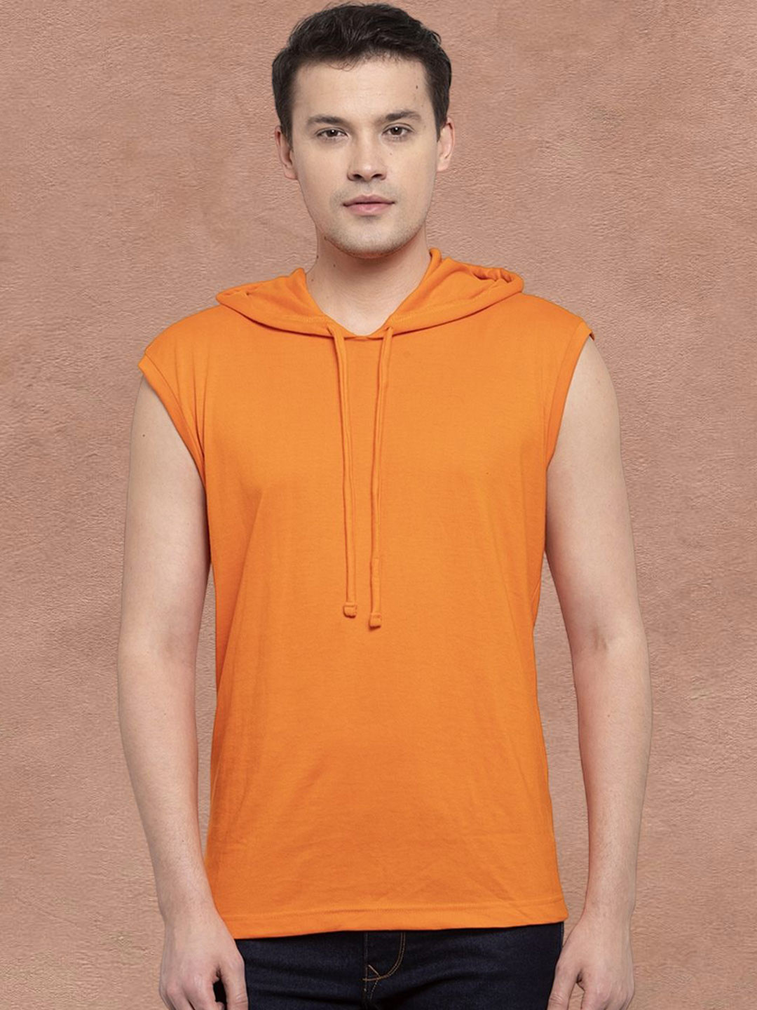 Friskers Men Orange Cotton Solid Hoodie T-shirt