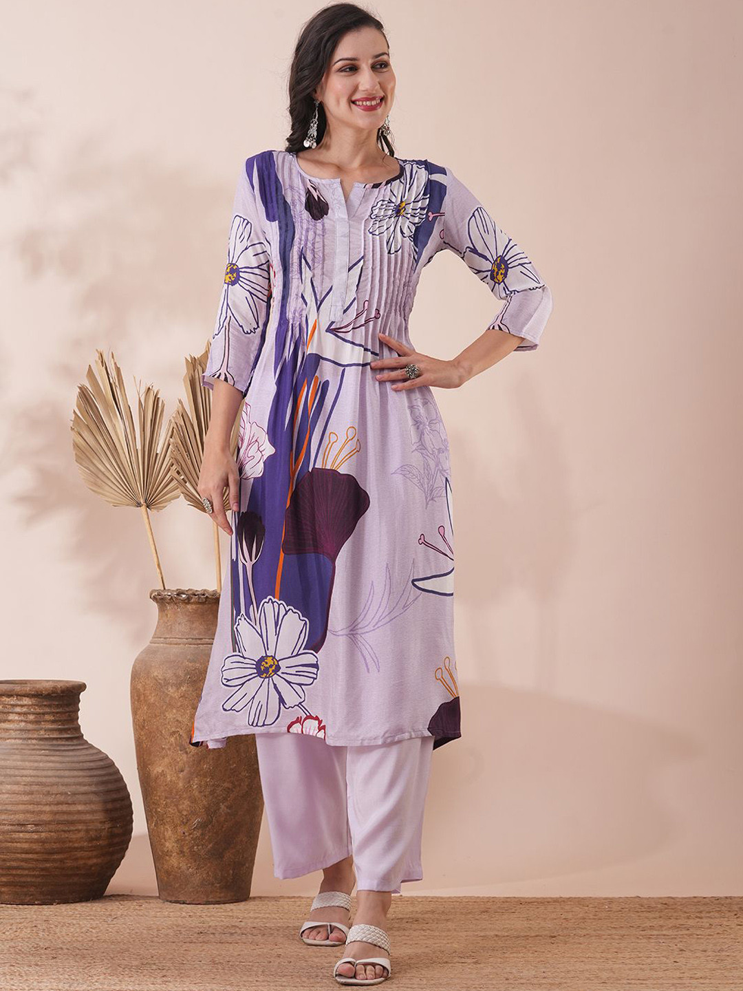 FASHOR Lavender Floral Printed Three-Quarter Sleeves Pleated Kurta with Palazzos