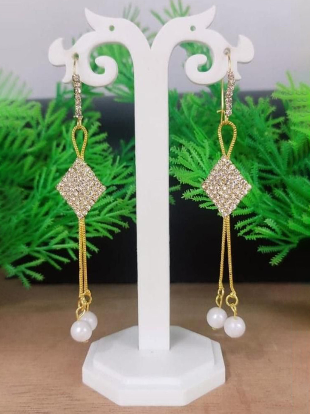 Gyaan Jewels Square Shaped Stone-Studded & Beaded Drop Earrings