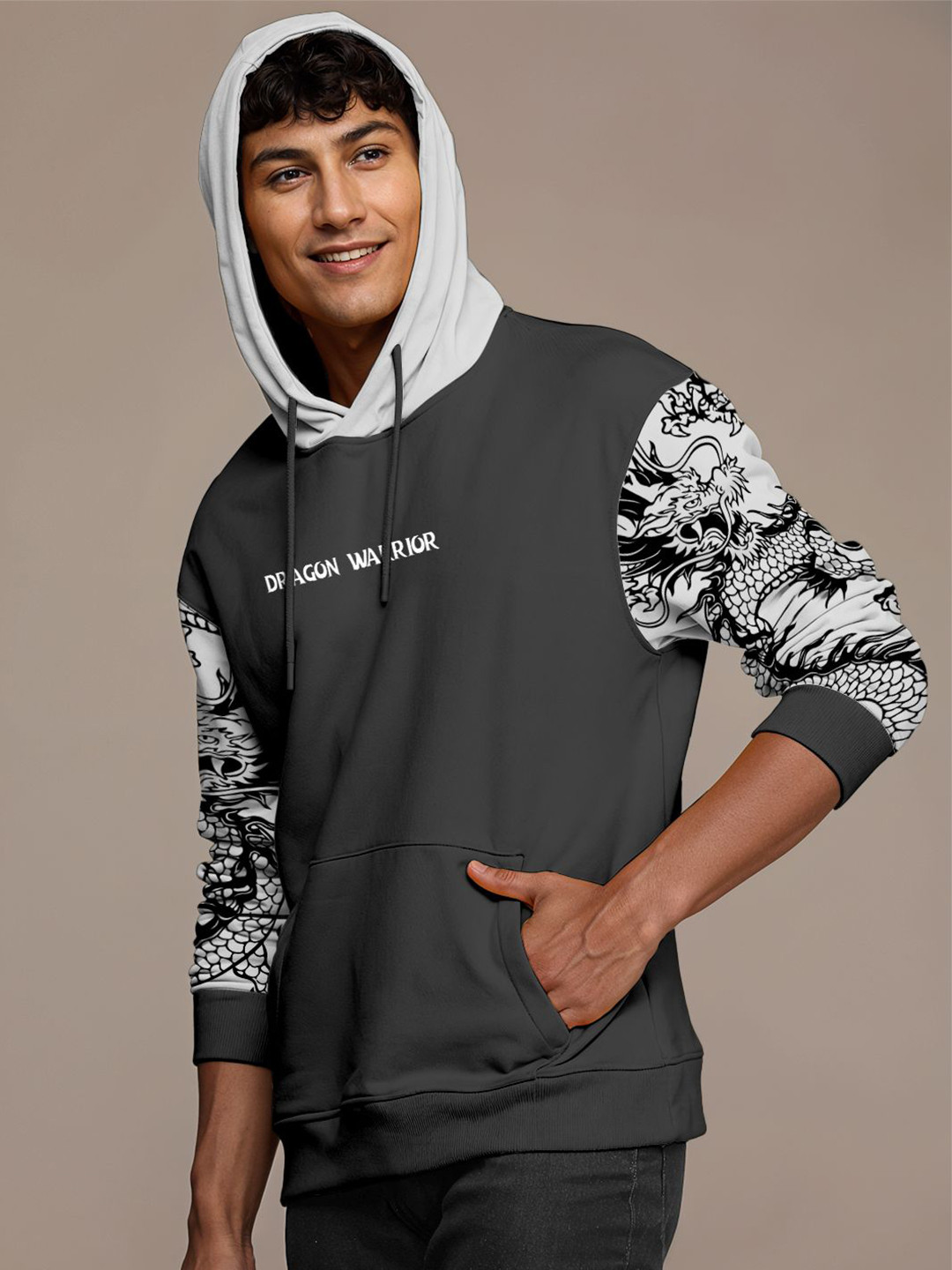 Crazymonk Printed Anime Dragon Warrior Oversized Fit Hooded Sweatshirt