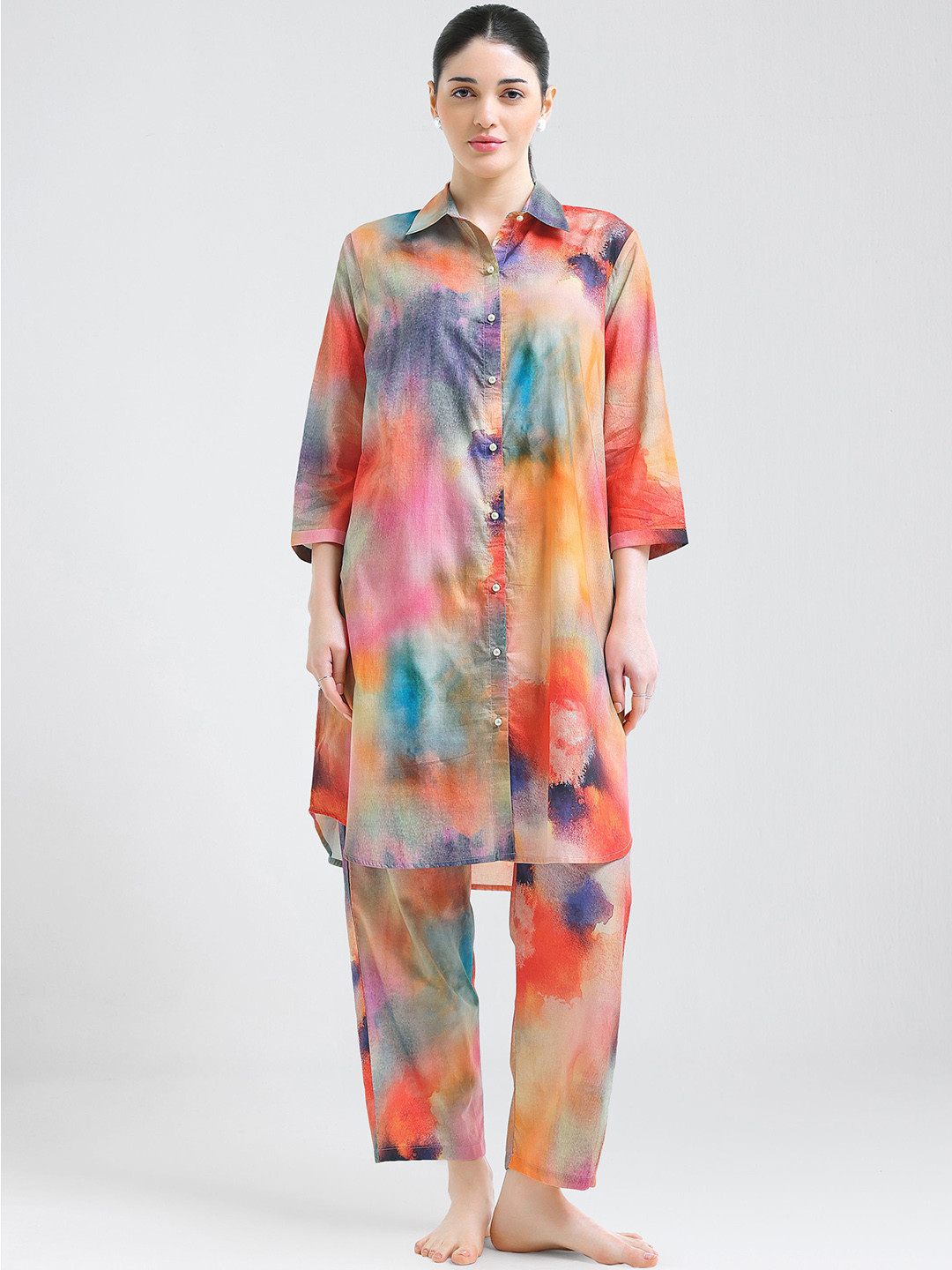 I like me Orange Pure Cotton Tie-Dye Tunic With Trousers