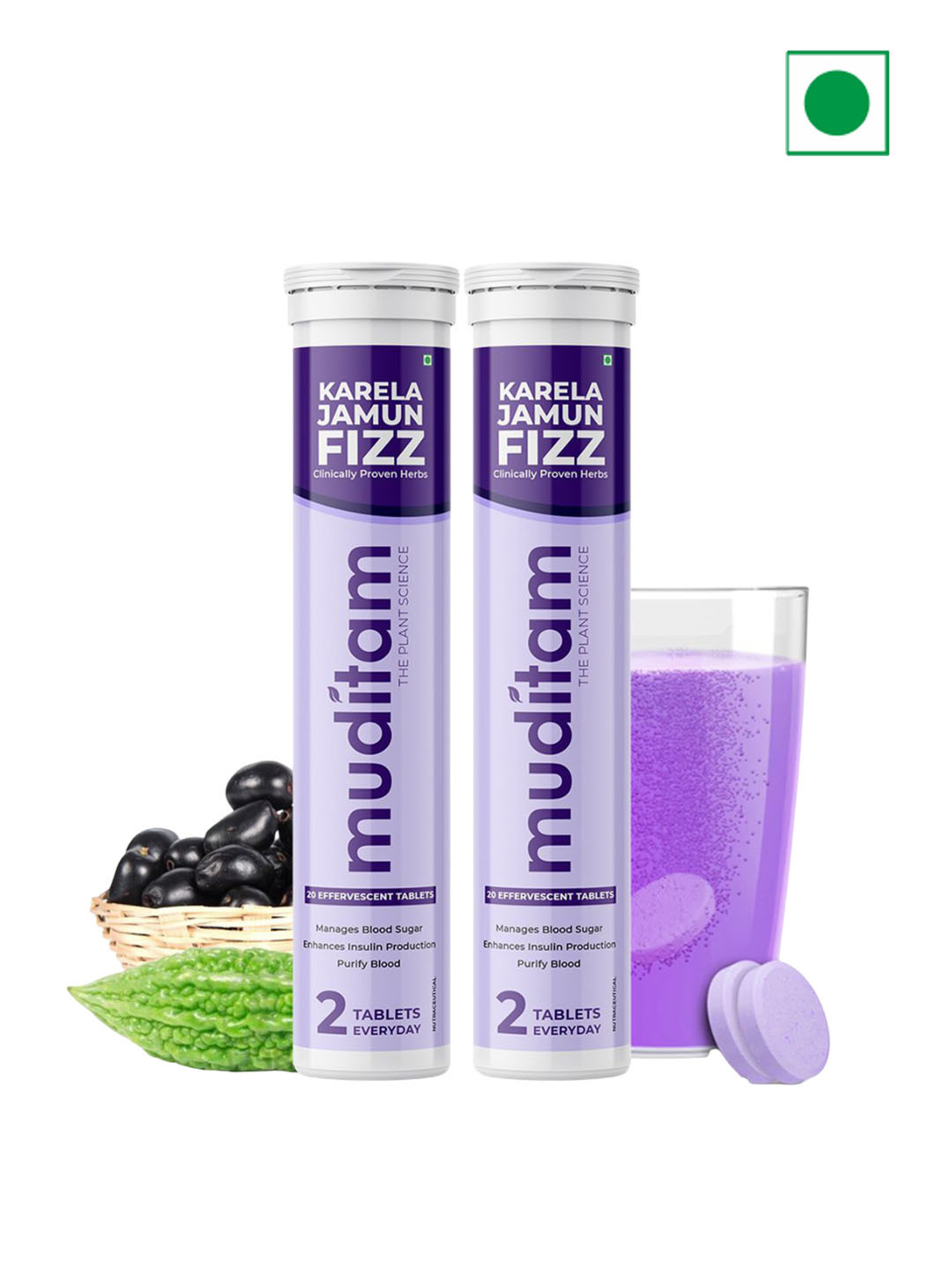 Muditam Set Of 2 Ayurveda Karela Jamun Fizz Helps High Sugar Condition - 20 Tablets Each