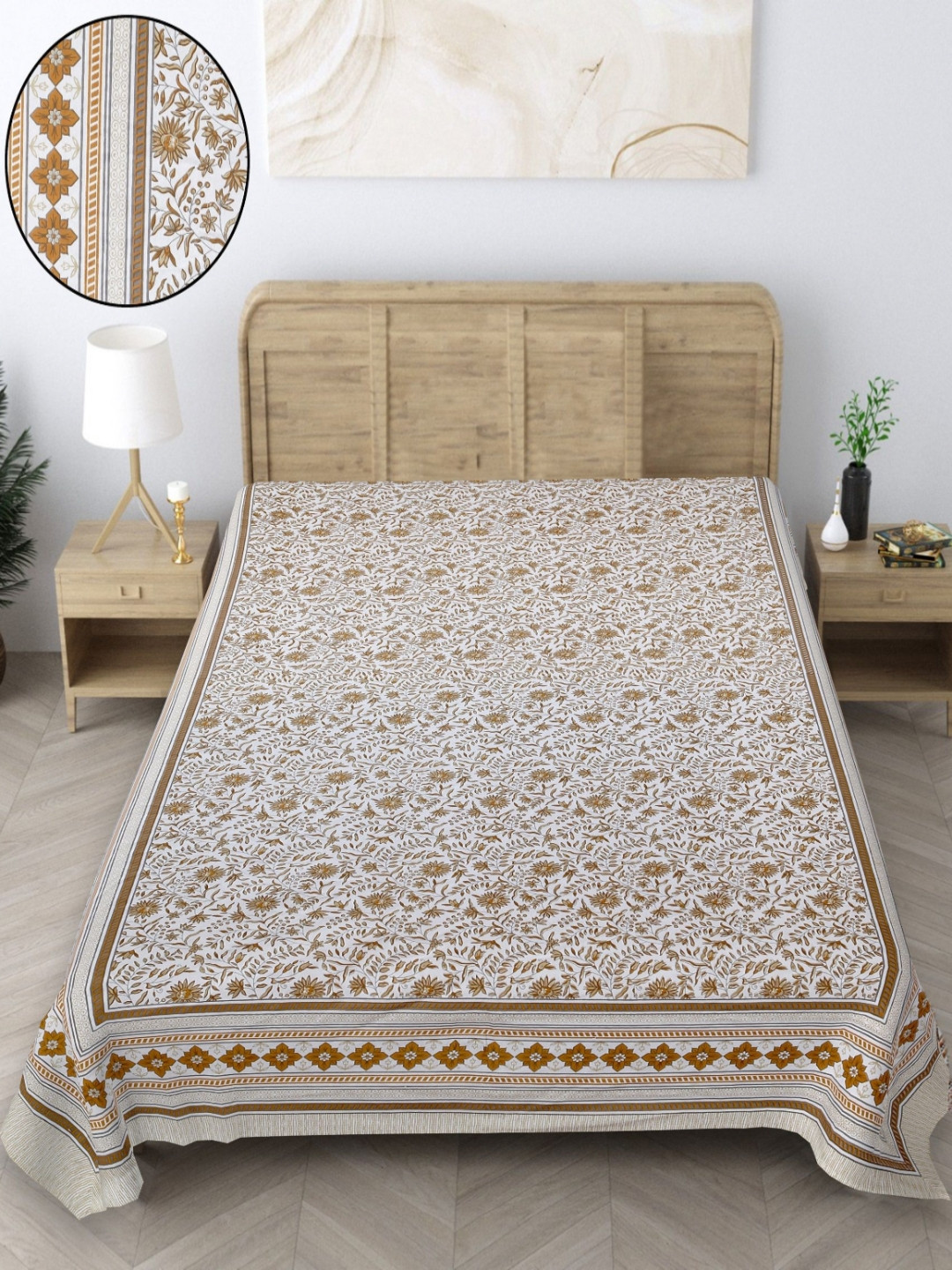 Texstylers Orange Floral Cotton 164 TC Single Bedsheet -152 x 228 cm