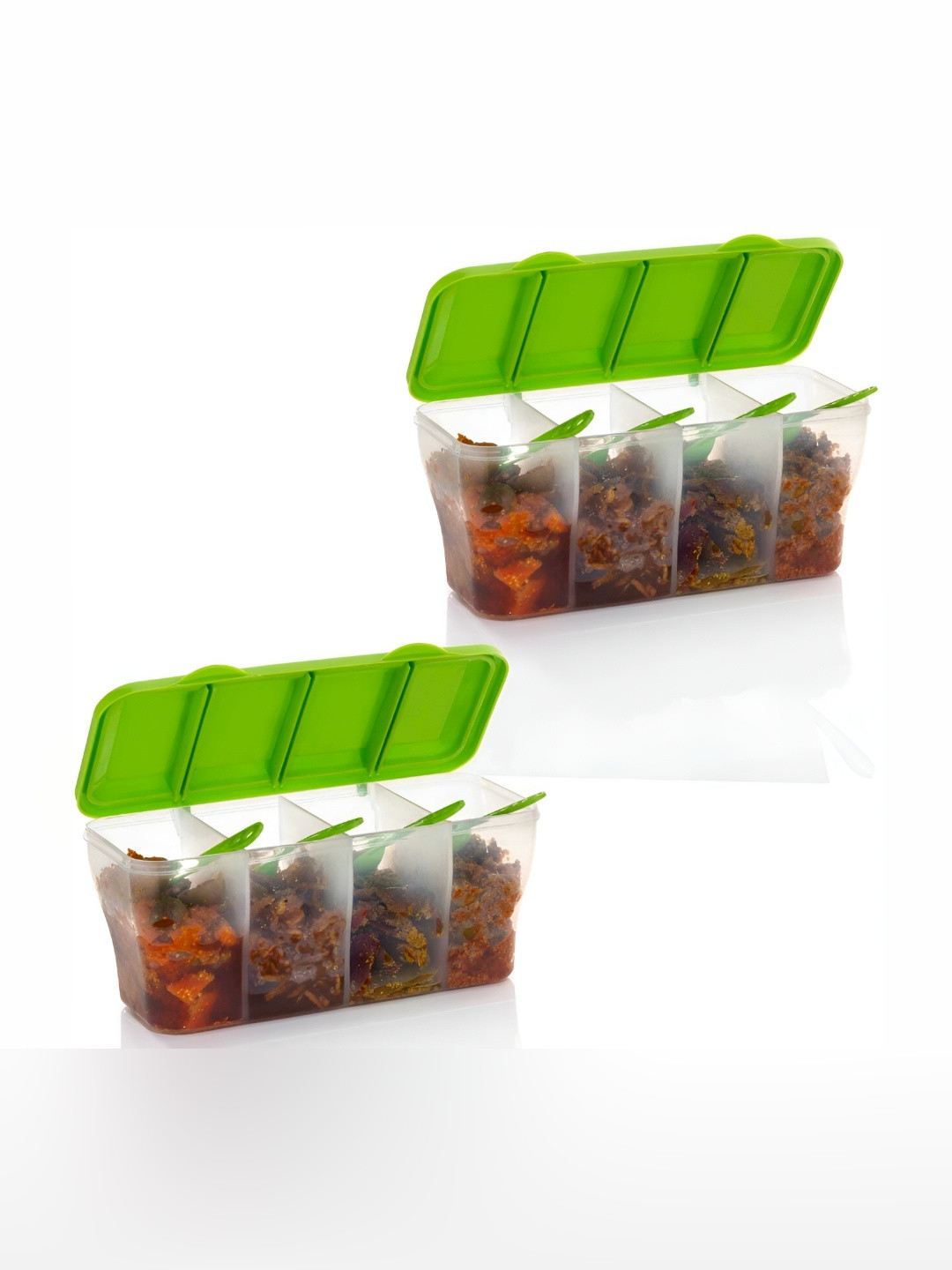 Metrolife 4 in 1 Masala Box Container Set Green Plastic Easy To Clean 2 Piece Flip Top Fridge Container-1.8L