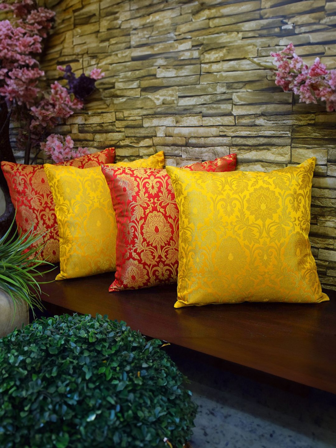 RoyalDeco Red Ethnic Motifs Brocade 4 Pcs Embroidered Square Cushion Covers -11.8x11.8In