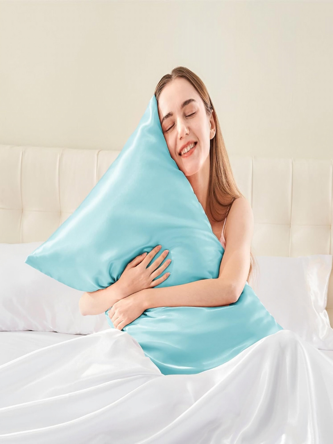 DEHMAN Turquoise Blue 2 Pieces Pure Silk Rectangle Pillow Covers