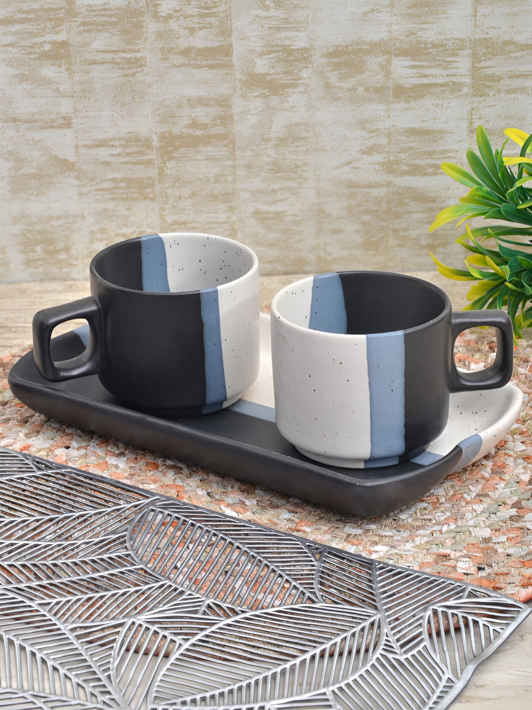 FABINALIV Dimple Black Ceramic Handmade 2 Piece Cup with Tray-120ml
