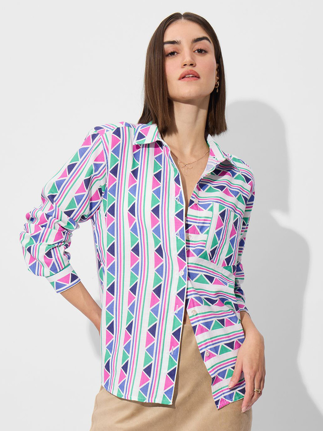 The Souled Store Women Chevron Printed Pure Cotton Casual Oversized Shirt