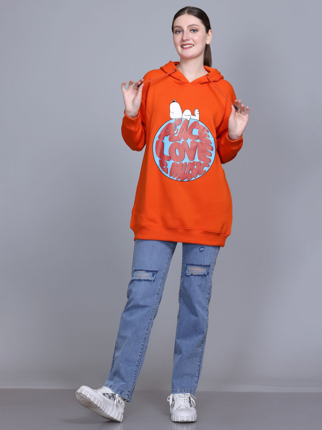 Obaan Women Hooded Printed Pullover Longline Sweatshirt