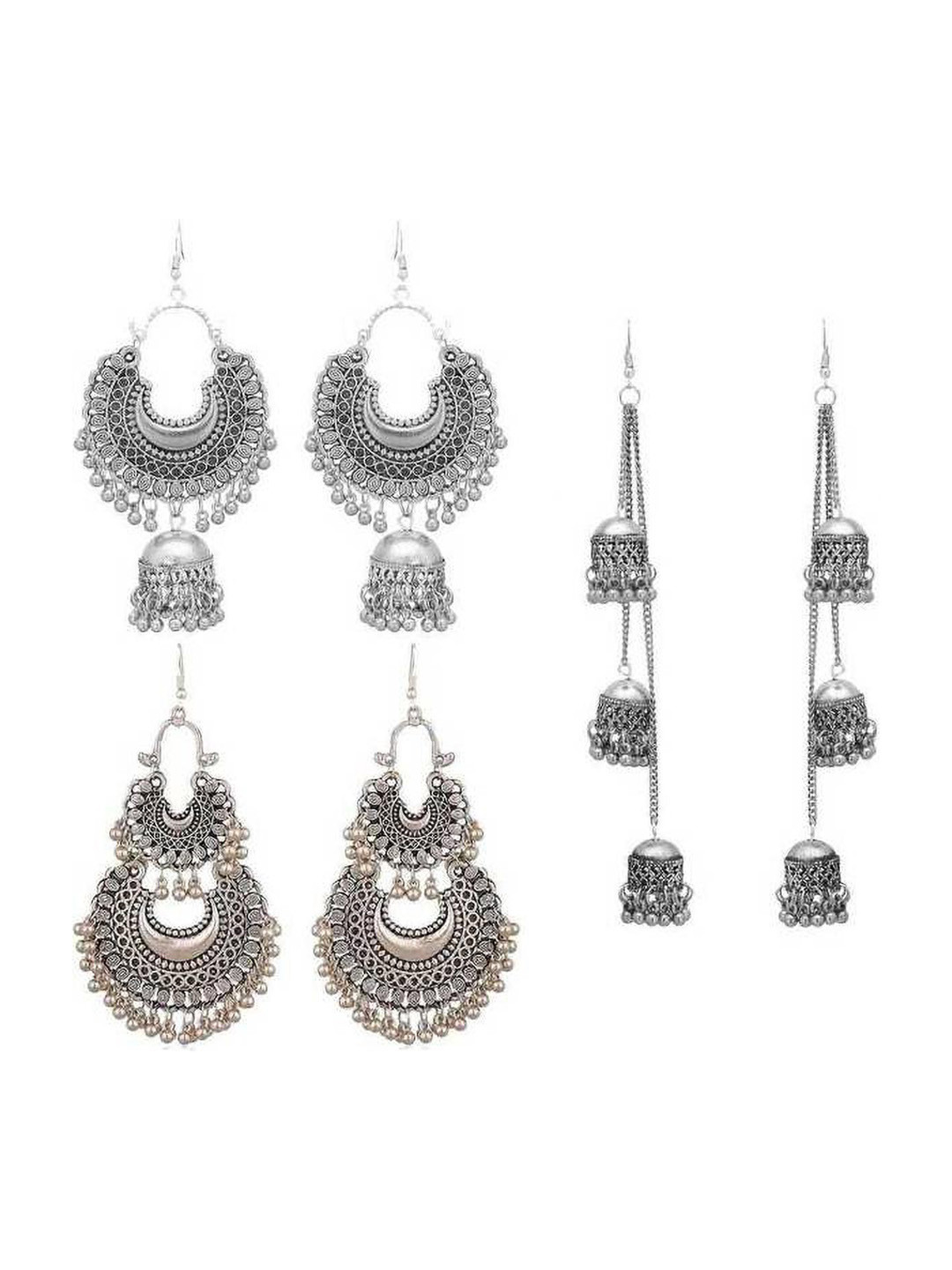 JMBW INTERNATIONAL Pack Of 6 Silver Plated Artificial Beads Contemporary Jhumkas Earrings