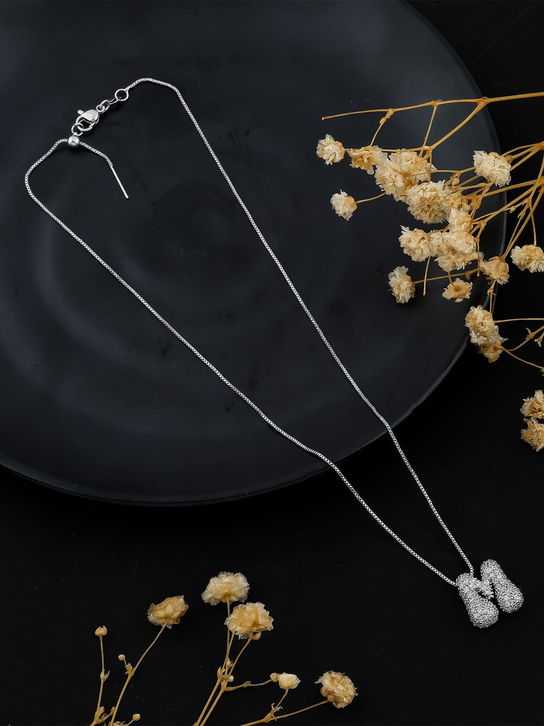 SKY SHOPPERS Unisex Silver-Plated Cubic Zirconia Studded M Alphabet Initial Chain