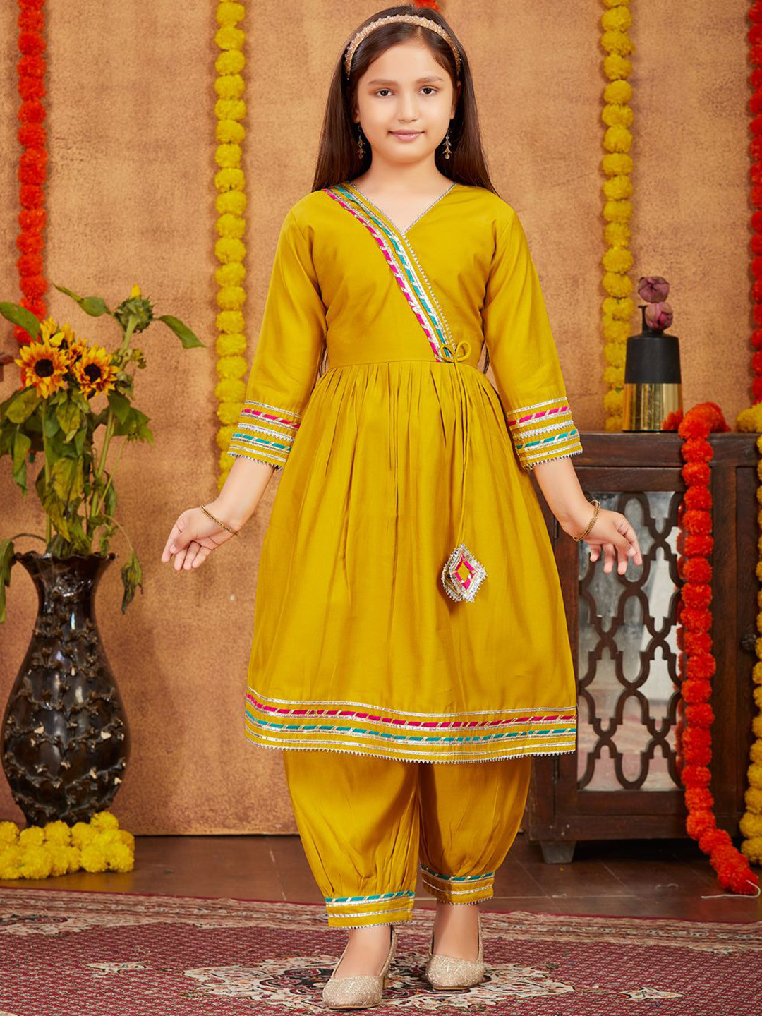 Sangria Girls Gota Lace Work Silk Anarkali Kurta & Patiala Set