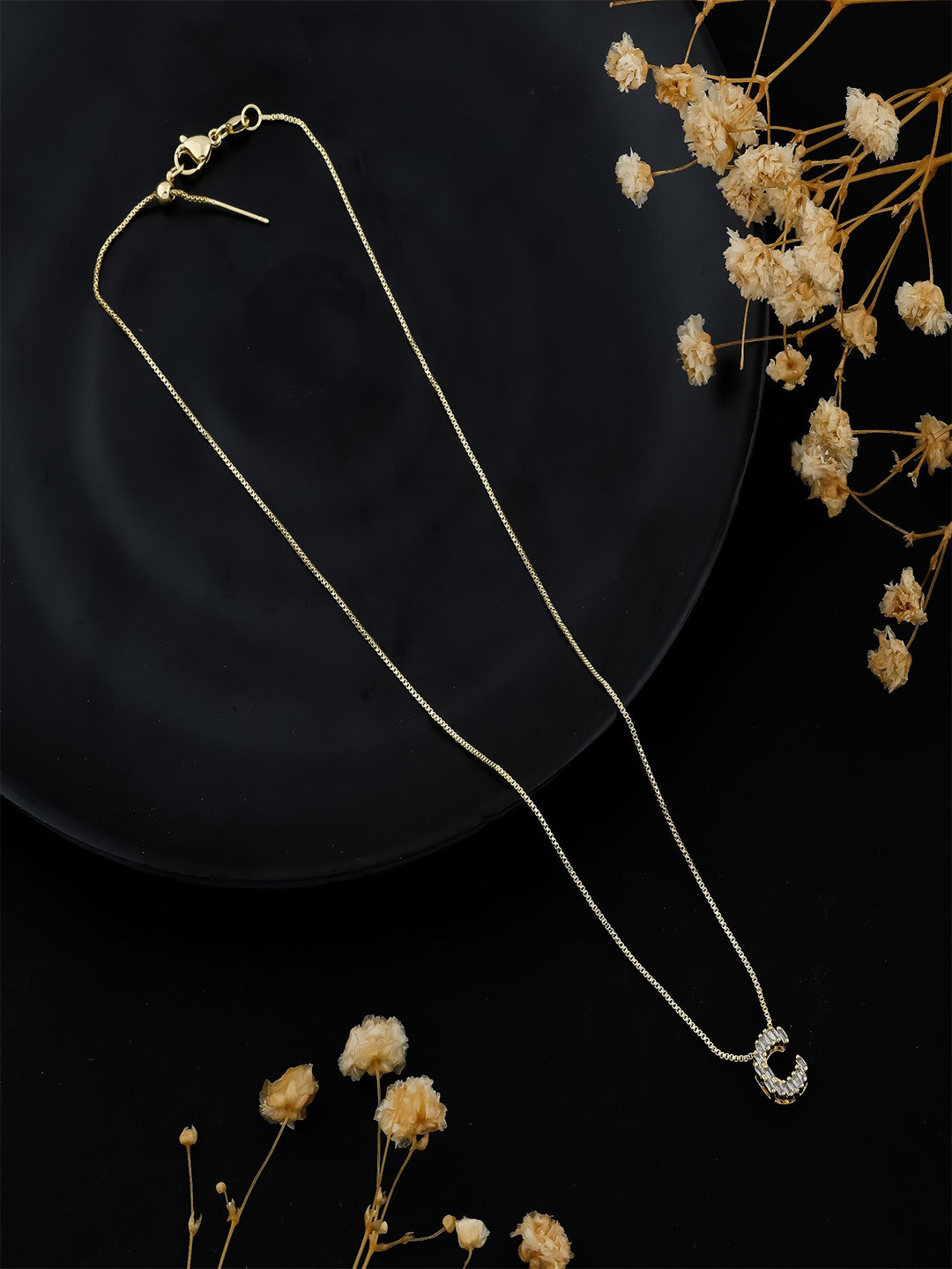 SKY SHOPPERS Gold-Plated Cubic Zirconia Stone Studded Alphabet C Pendant Chain